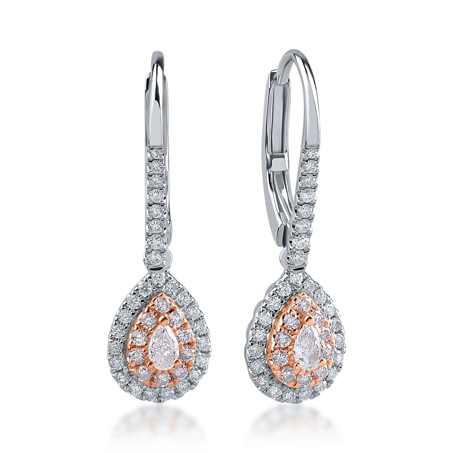 Cercei din aur alb-roz cu diamante roz pear si rotunde de 0.38ct si diamante incolore de 0.35ct
