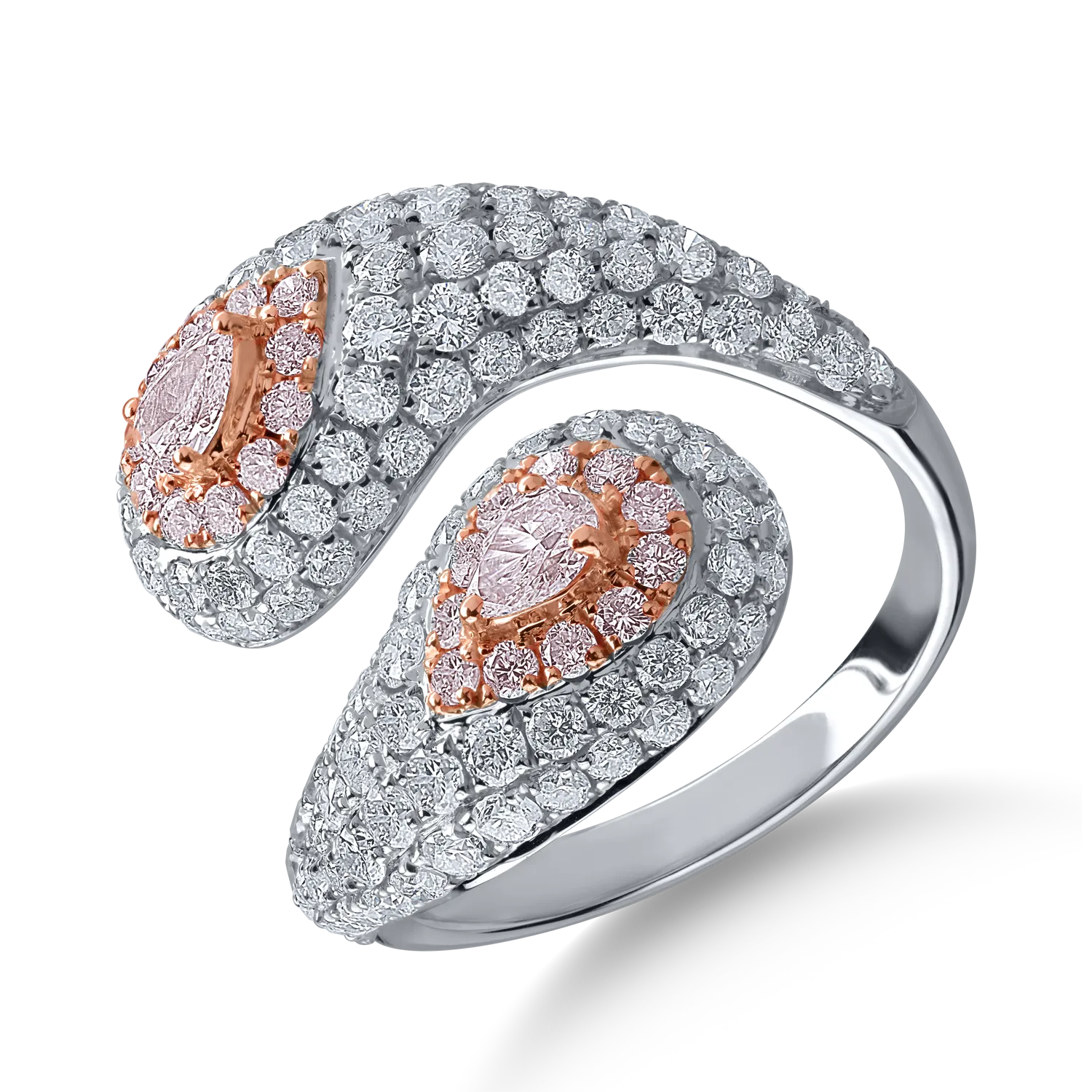 Inel din aur alb-roz cu diamante transparente de 2.09ct si diamante roz pear si rotunde de 0.59ct