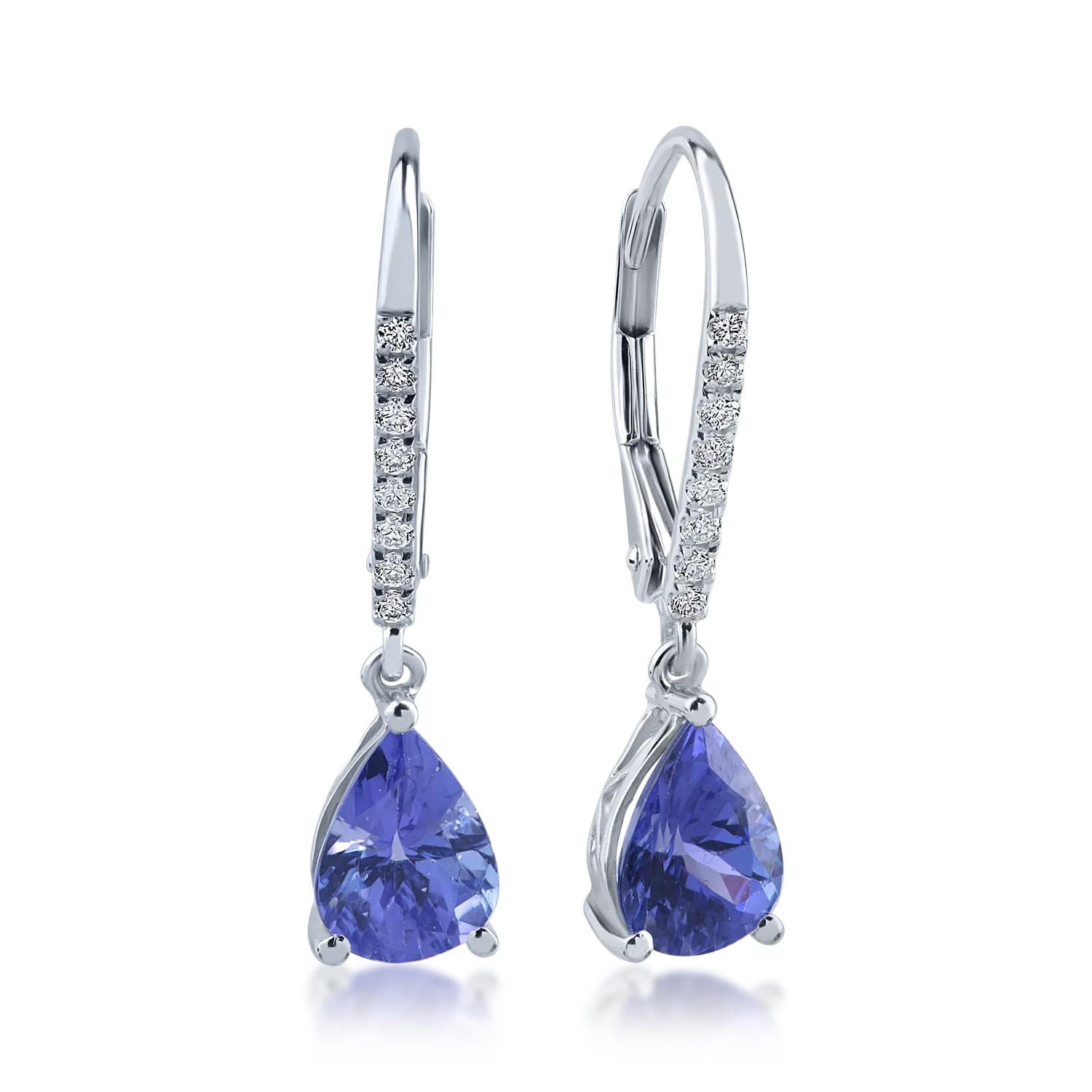 Cercei din aur alb cu tanzanite pear de 2.13ct si diamante de 0.12ct