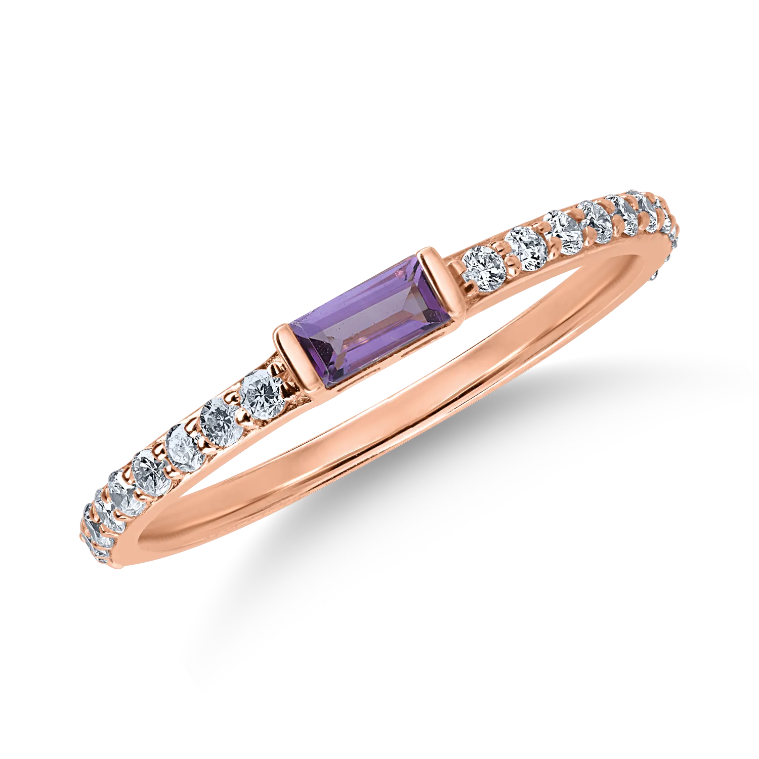 Rózsarany gyűrű 0.09ct ametiszttel és 0.2ct gyémántokkal