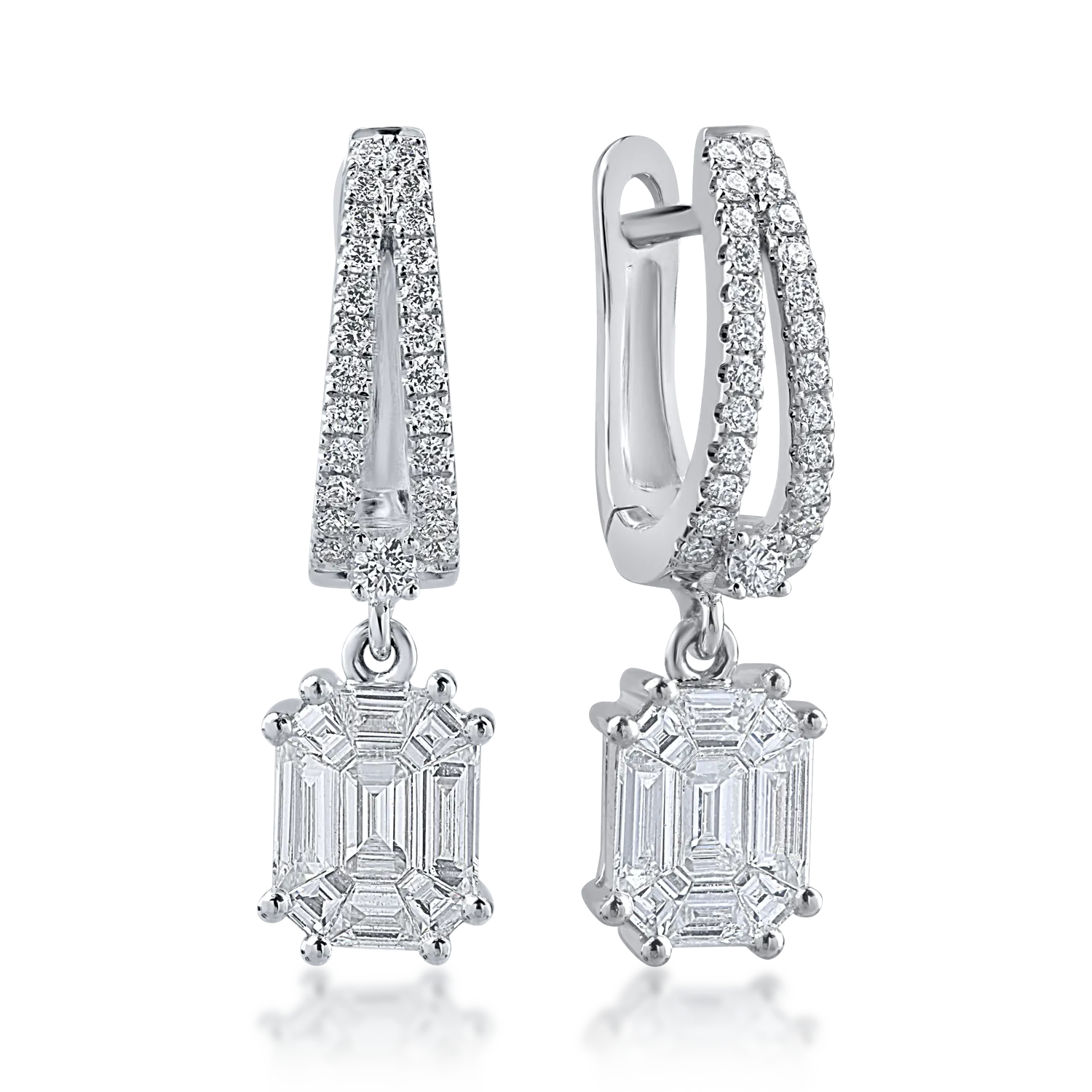 Cercei din aur alb cu diamante baguette si rotunde de 0.97ct