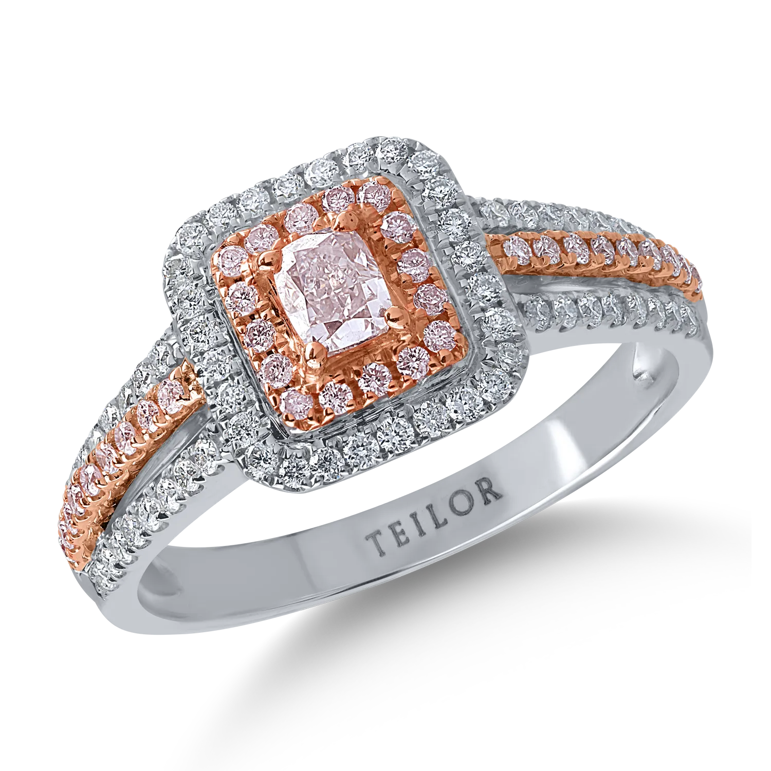 Inel din aur alb-roz cu diamante roz cushion si rotunde de 0.43ct si diamante transparente de 0.3ct