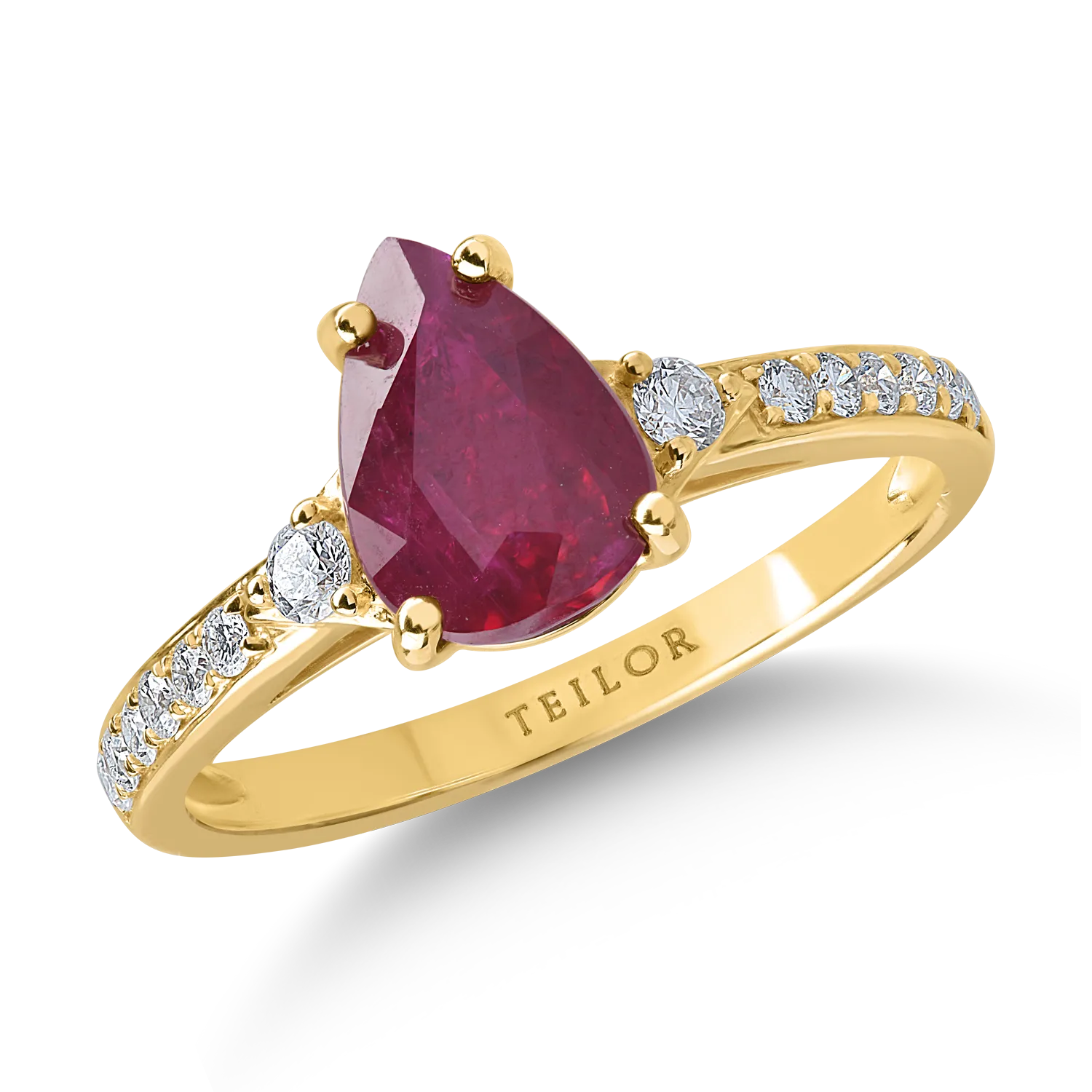 Inel din aur galben cu rubin pear de 1.7ct si diamante de 0.2ct