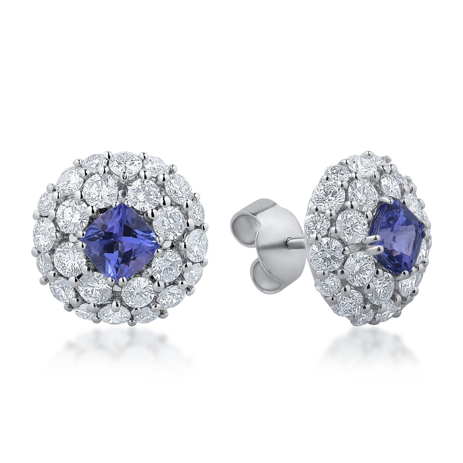 Cercei din aur alb cu diamante de 2.82ct si tanzanite cushion brilliant de 1.46ct