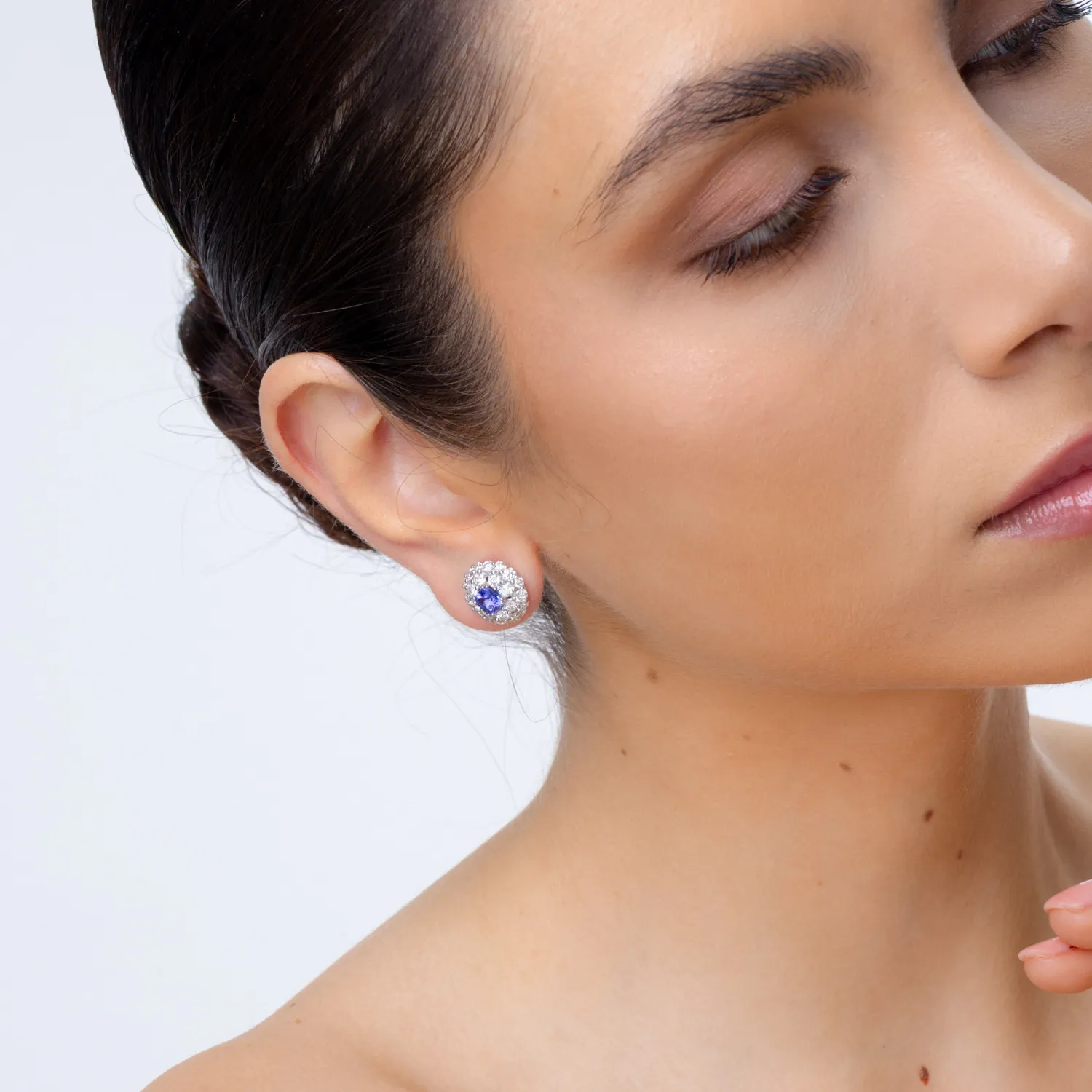 Cercei din aur alb cu diamante de 2.82ct si tanzanite cushion brilliant de 1.46ct