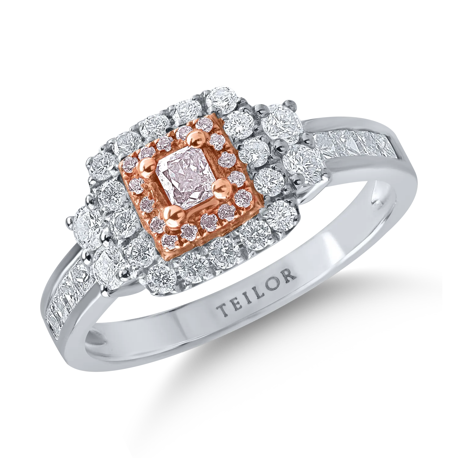 Teilor Inel din aur alb-roz cu diamante transparente princess si rotunde de 0.71ct si diamante roz cushion si rotunde de 0.15ct