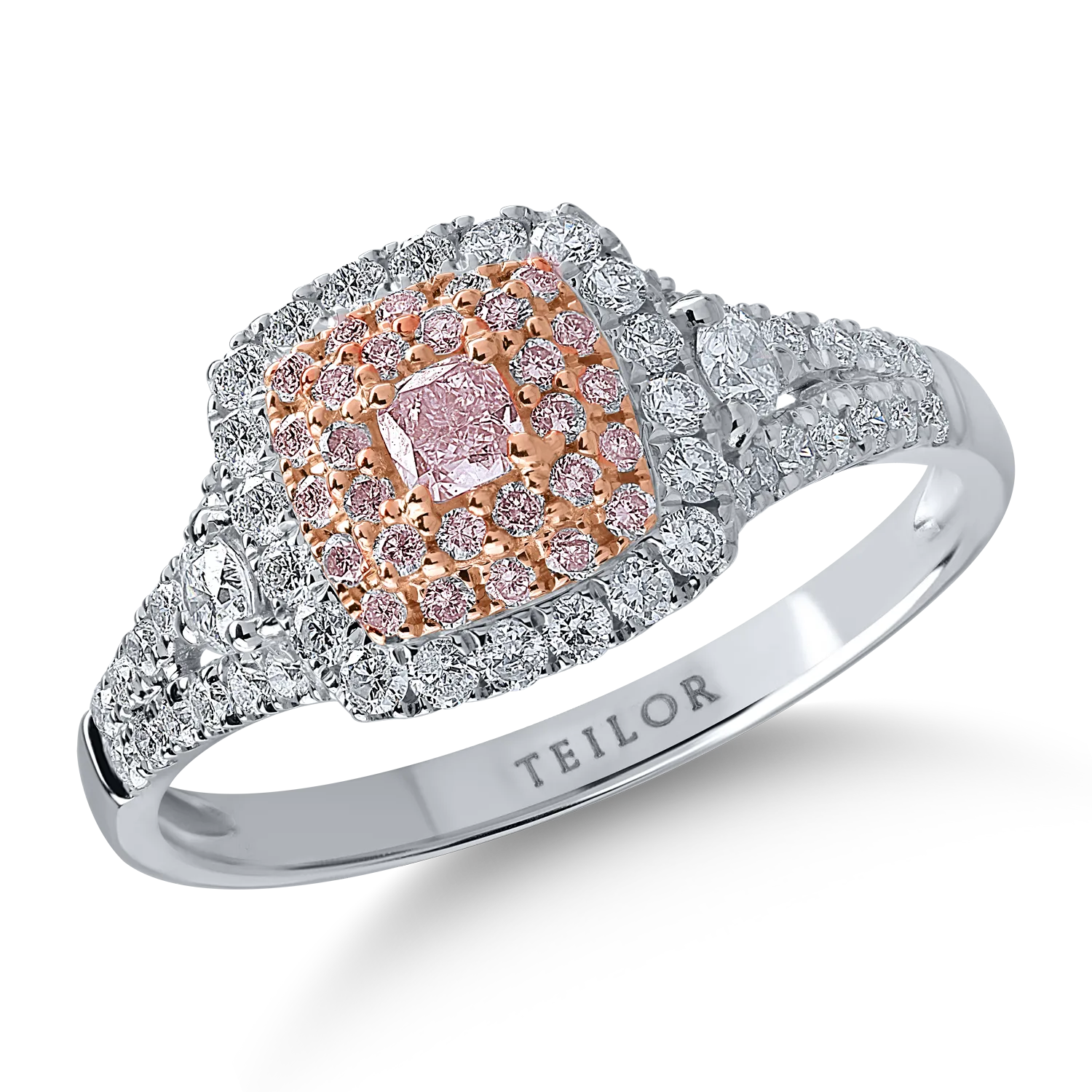 Pierścionek z białego różowego złota z bezbarwnymi diamentami o masie 0.51ct i różowymi diamentami o masie 0.23ct