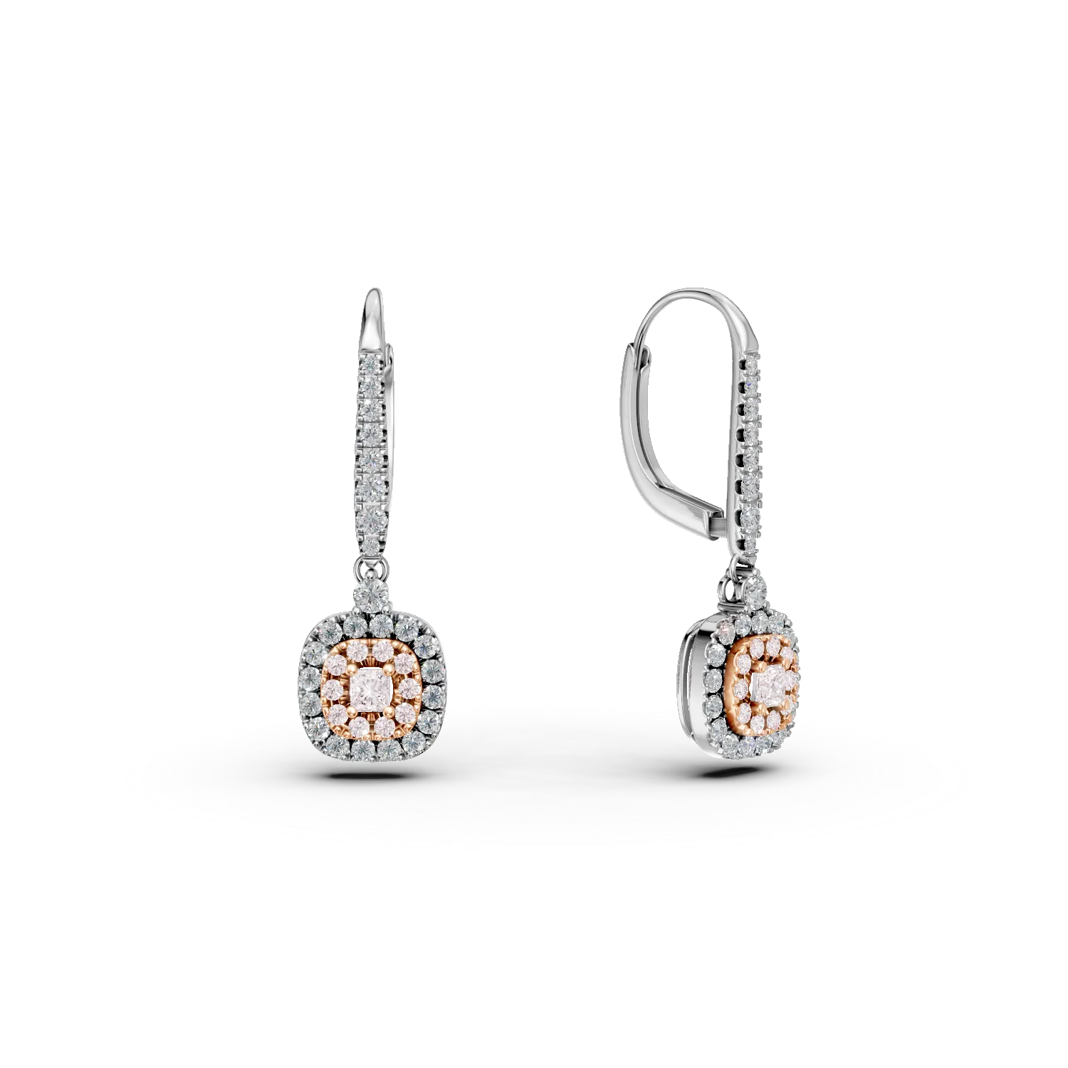 Cercei din aur alb-roz cu diamante incolore de 0.55ct si diamante roz cushion si rotunde de 0.36ct