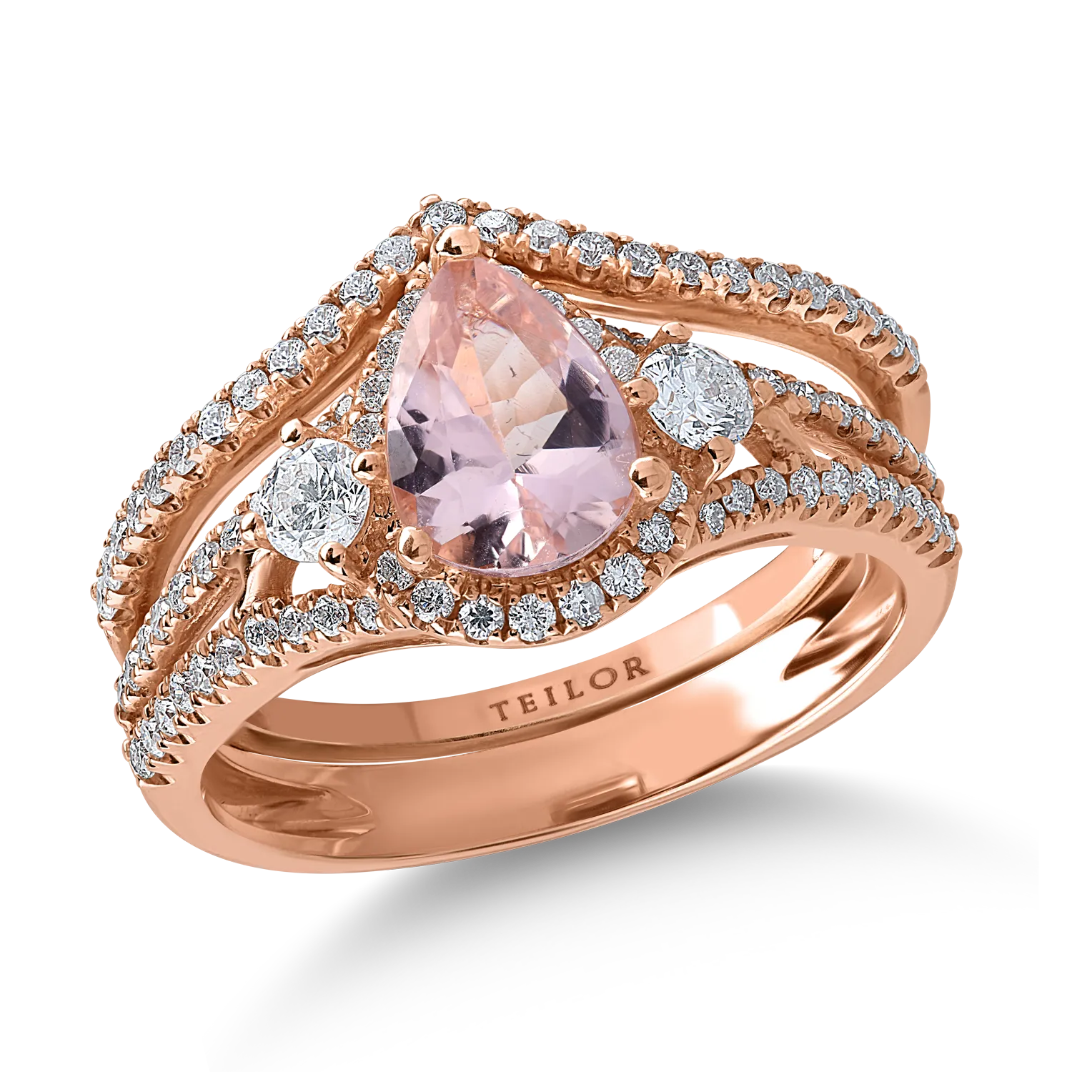 Inel din aur roz cu morganit pear de 0.9ct si diamante de 0.6ct