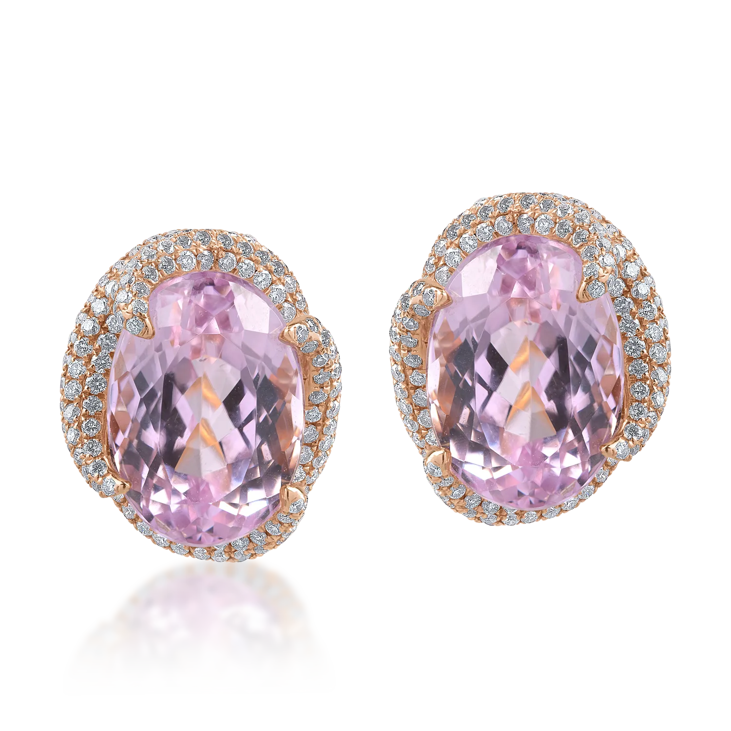 Cercei din aur roz cu kunzite ovale de 16.24ct si diamante round de 1.75ct