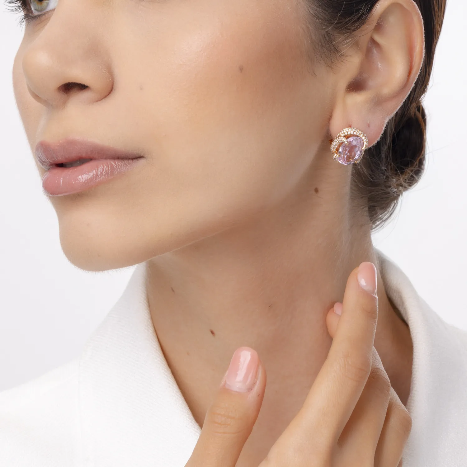 Cercei din aur roz cu kunzite ovale de 16.24ct si diamante round de 1.75ct
