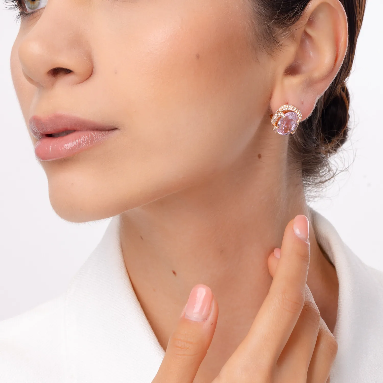 Cercei din aur roz cu kunzite ovale de 16.24ct si diamante round de 1.75ct