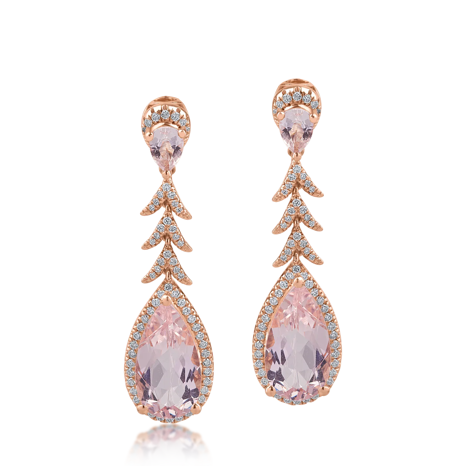 Cercei din aur roz cu morganite pear de 7.75ct si diamante de 0.66ct