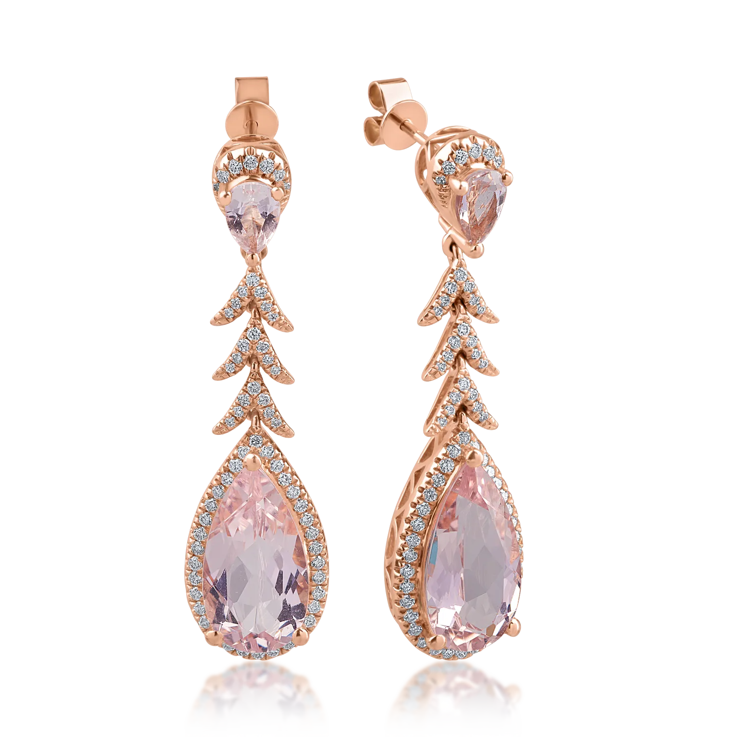 Cercei din aur roz cu morganite pear de 7.75ct si diamante de 0.66ct