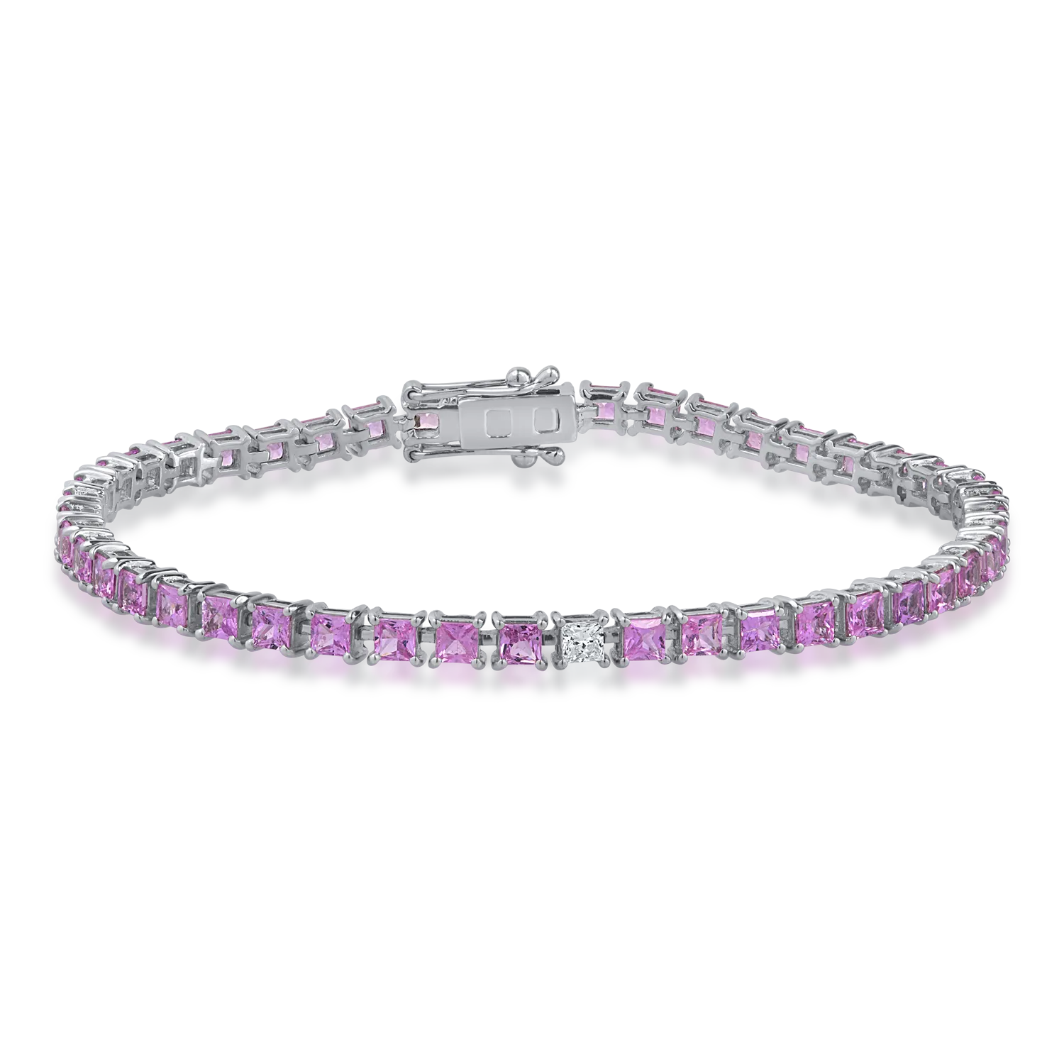 Bratara tennis din aur alb cu safire roz princess de 8.85ct si diamant princess de 0.17ct