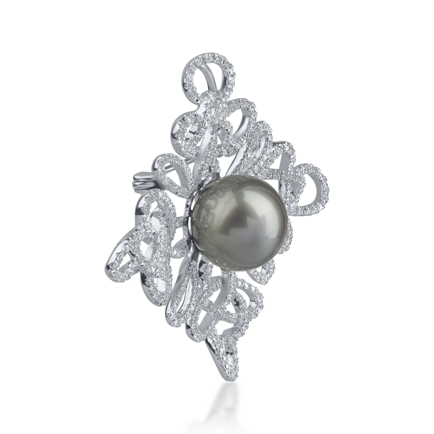 Brosa din aur alb cu perla de cultura si diamante de 0.95ct