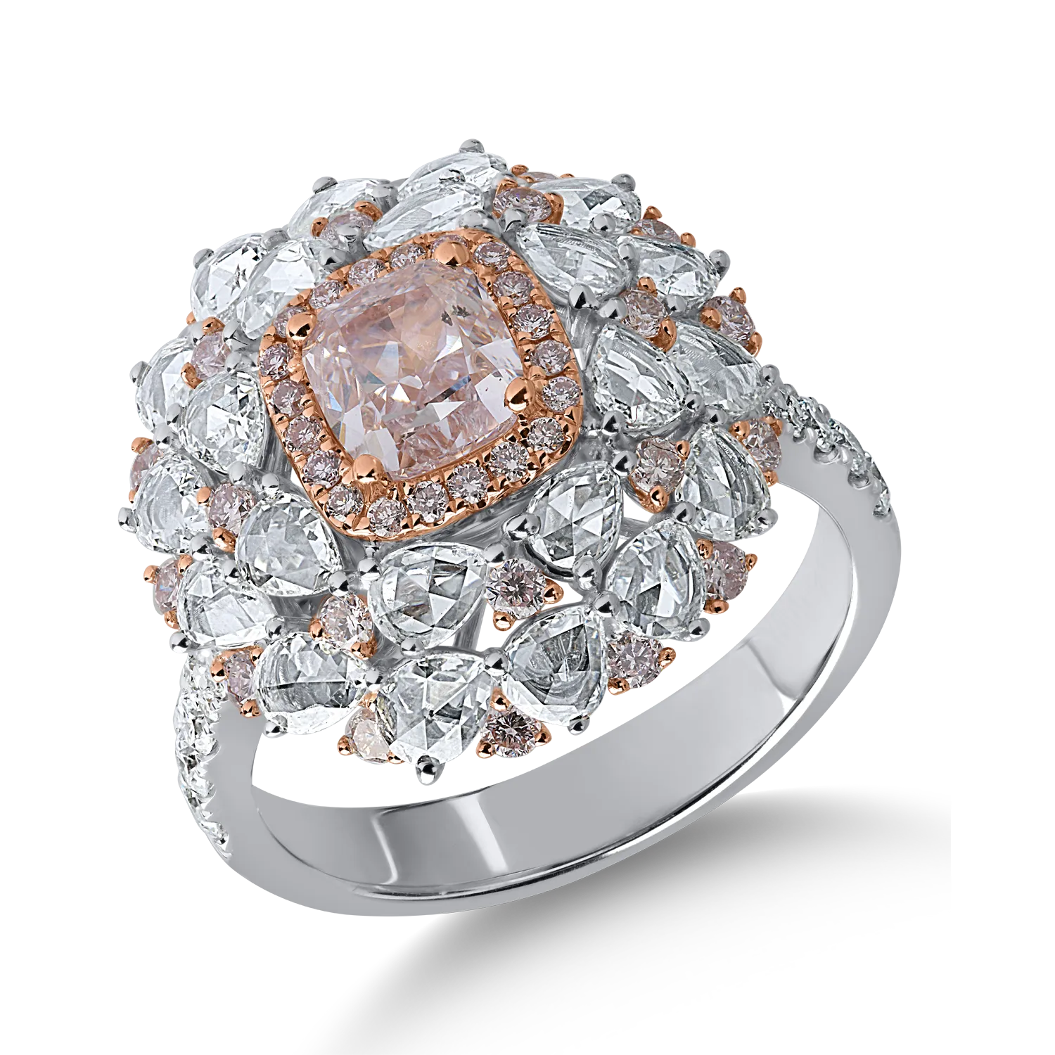 Inel din aur alb-roz cu diamante roz cushion si rotunde de 1.4ct si diamante incolore taietura rose si rotunde de 1.4ct
