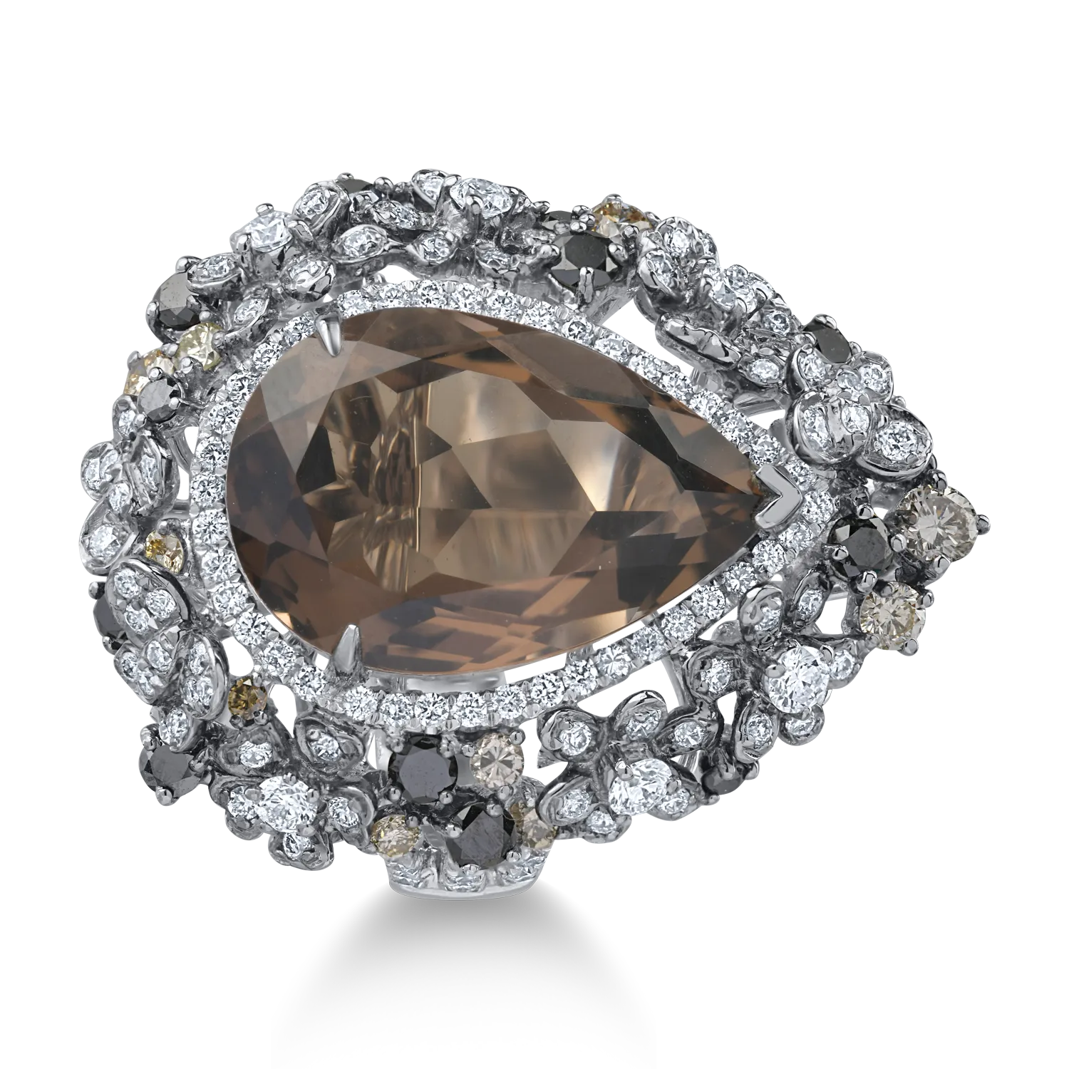 Inel din aur alb cu quartz fumuriu de 10.28ct si diamante de 2.39ct