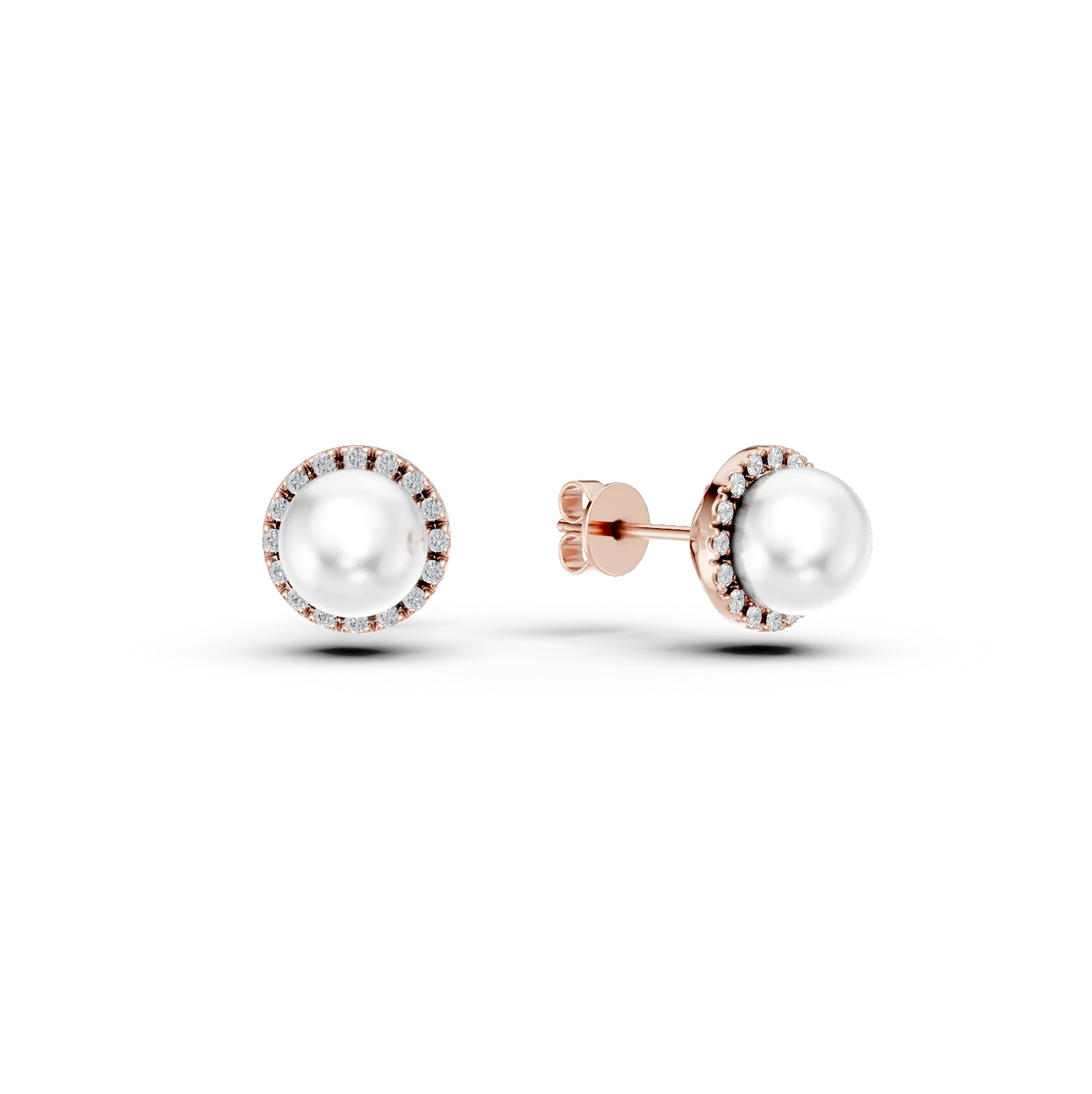 Cercei din aur roz cu diamante de 0.093ct si perle de cultura