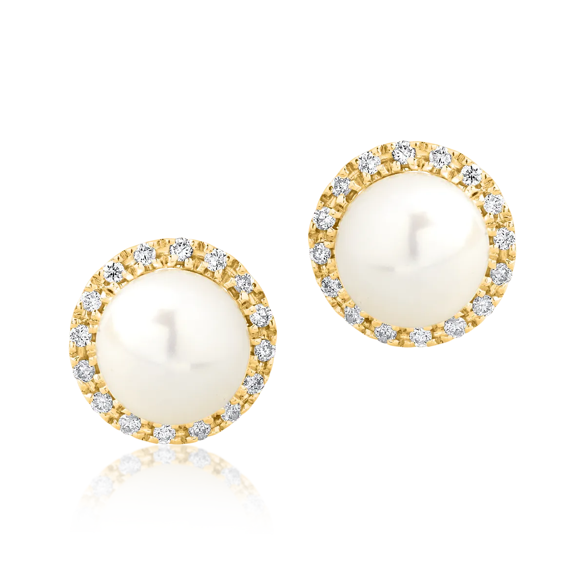 Yellow gold earrings with 0.093ct diamonds and fresh water pearls