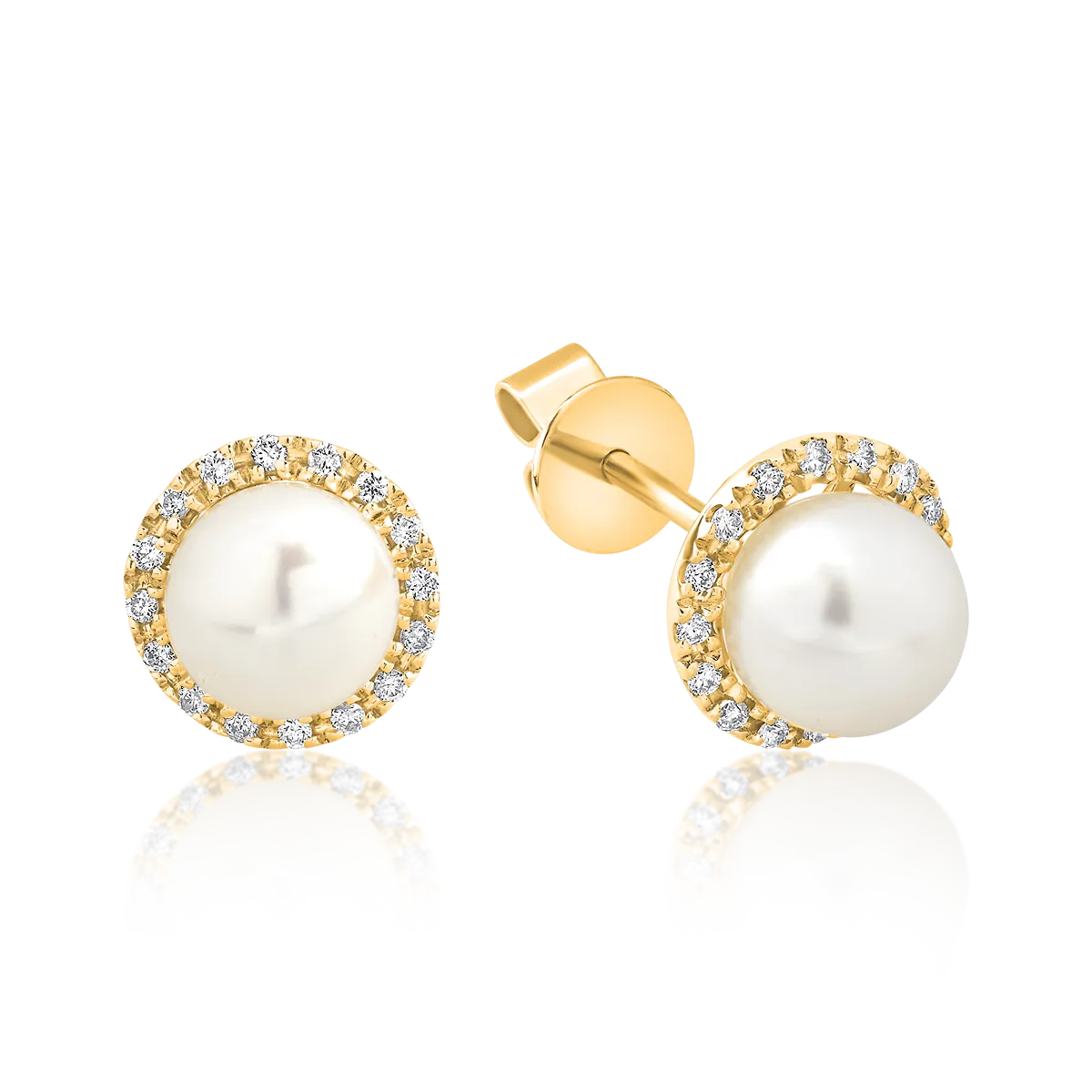 Yellow gold earrings with 0.093ct diamonds and fresh water pearls
