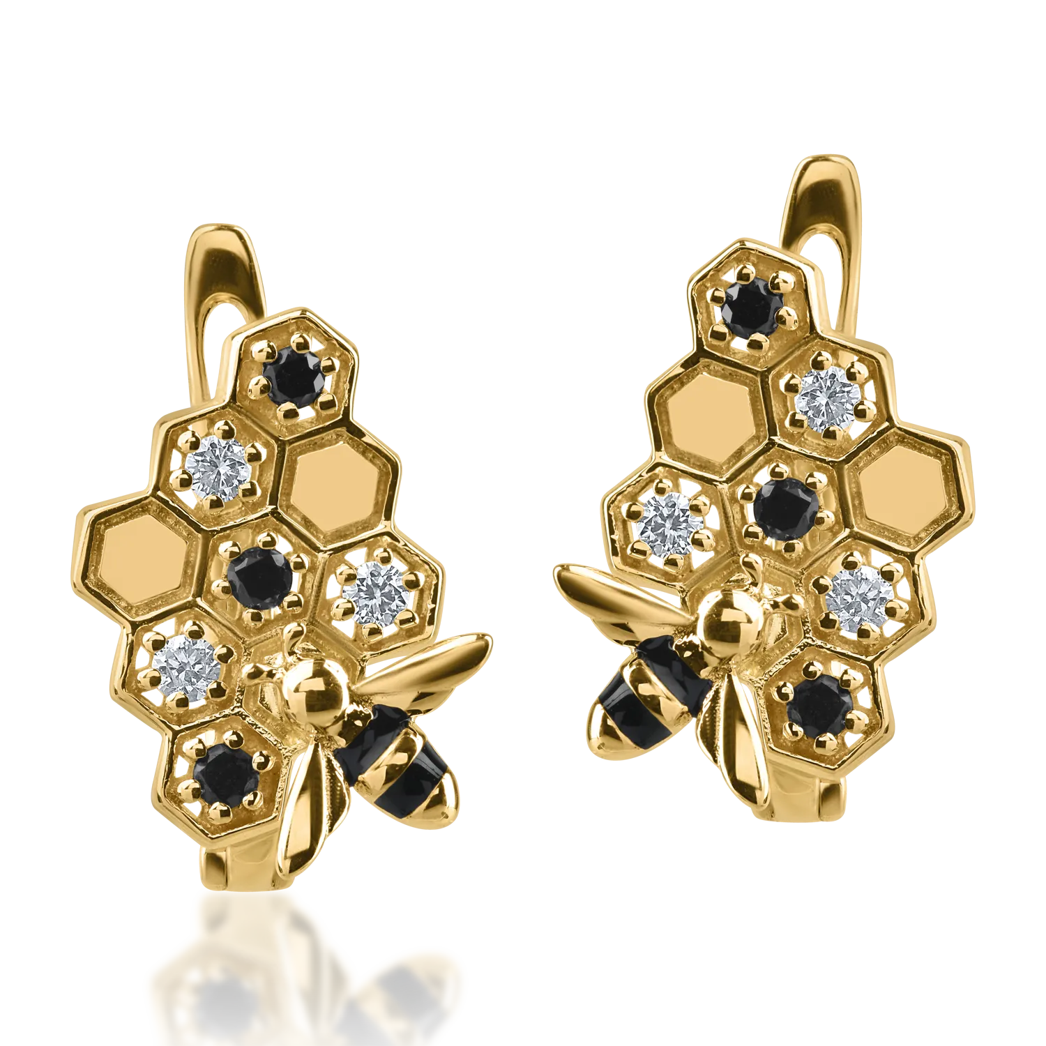 Yellow gold earrings with 0.1ct clear diamonds and 0.09ct black diamonds-157472