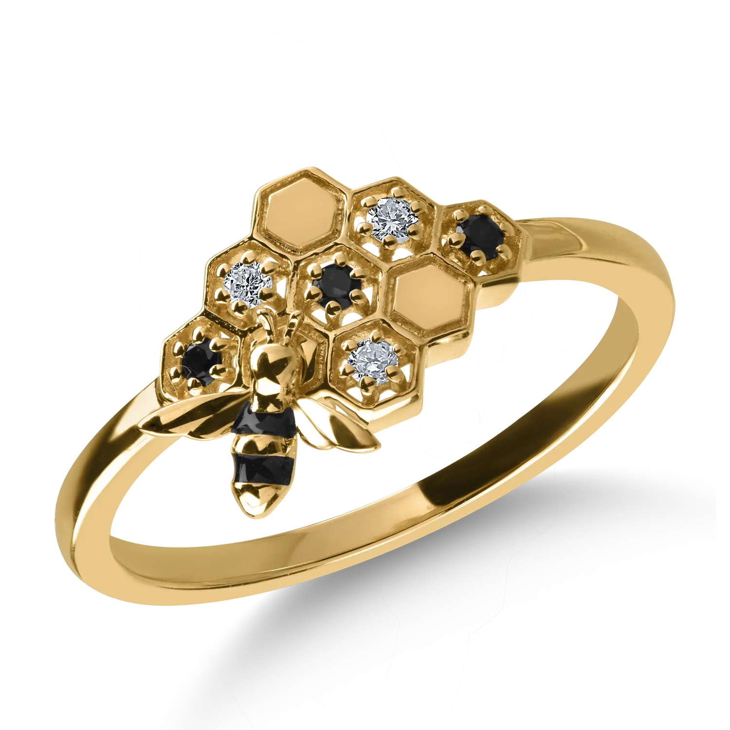 Sárga arany gyűrű 0.05ct fekete gyémántokkal és 0.04ct tiszta gyémántokkal