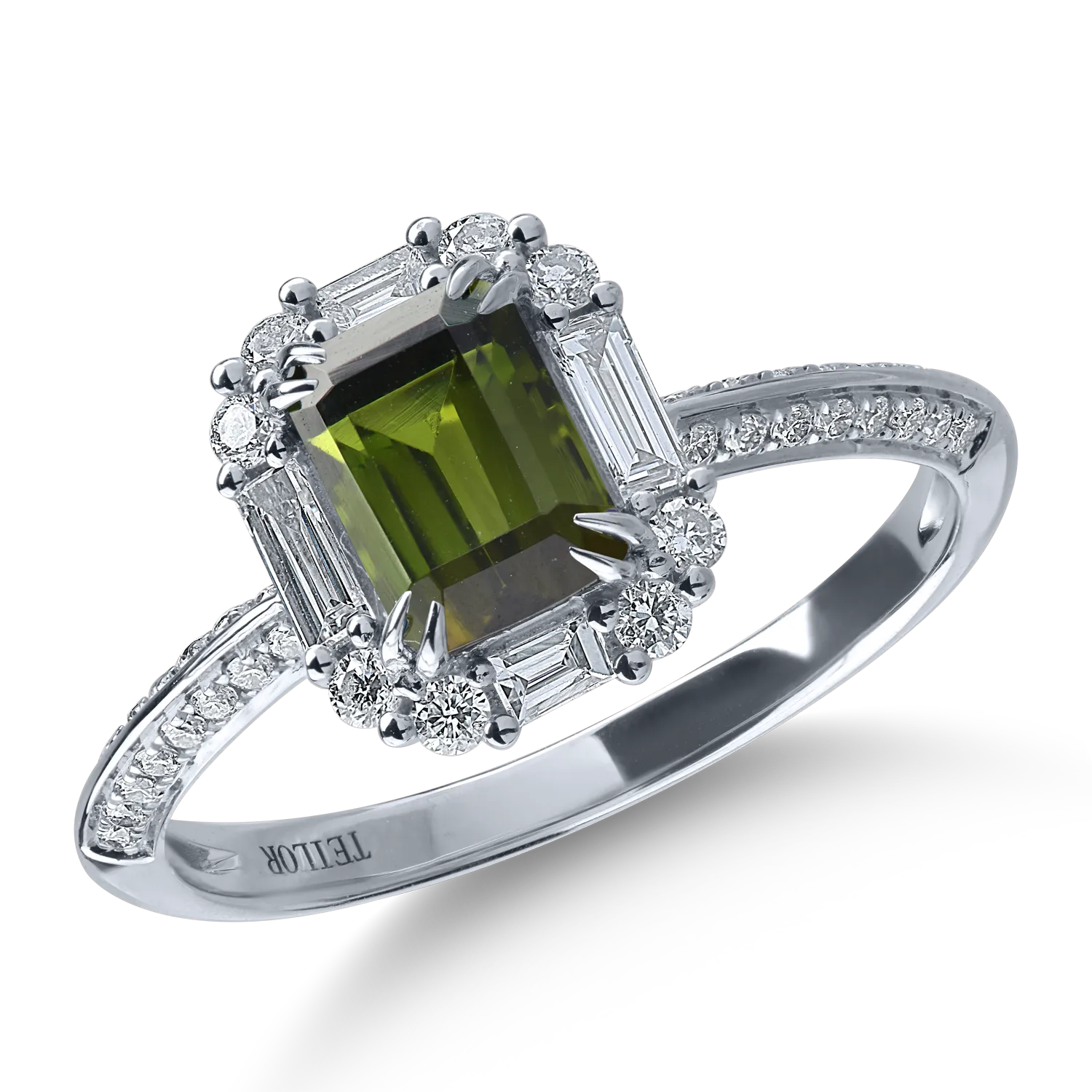 Inel din aur alb cu turmalina verde de 1.12ct si diamante de 0.49ct