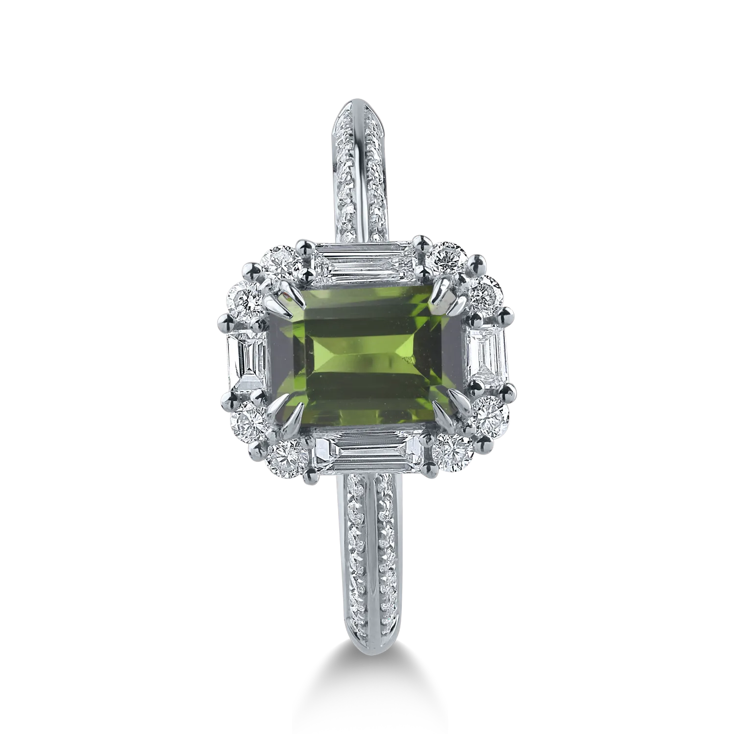 Inel din aur alb cu turmalina verde de 1.12ct si diamante de 0.49ct
