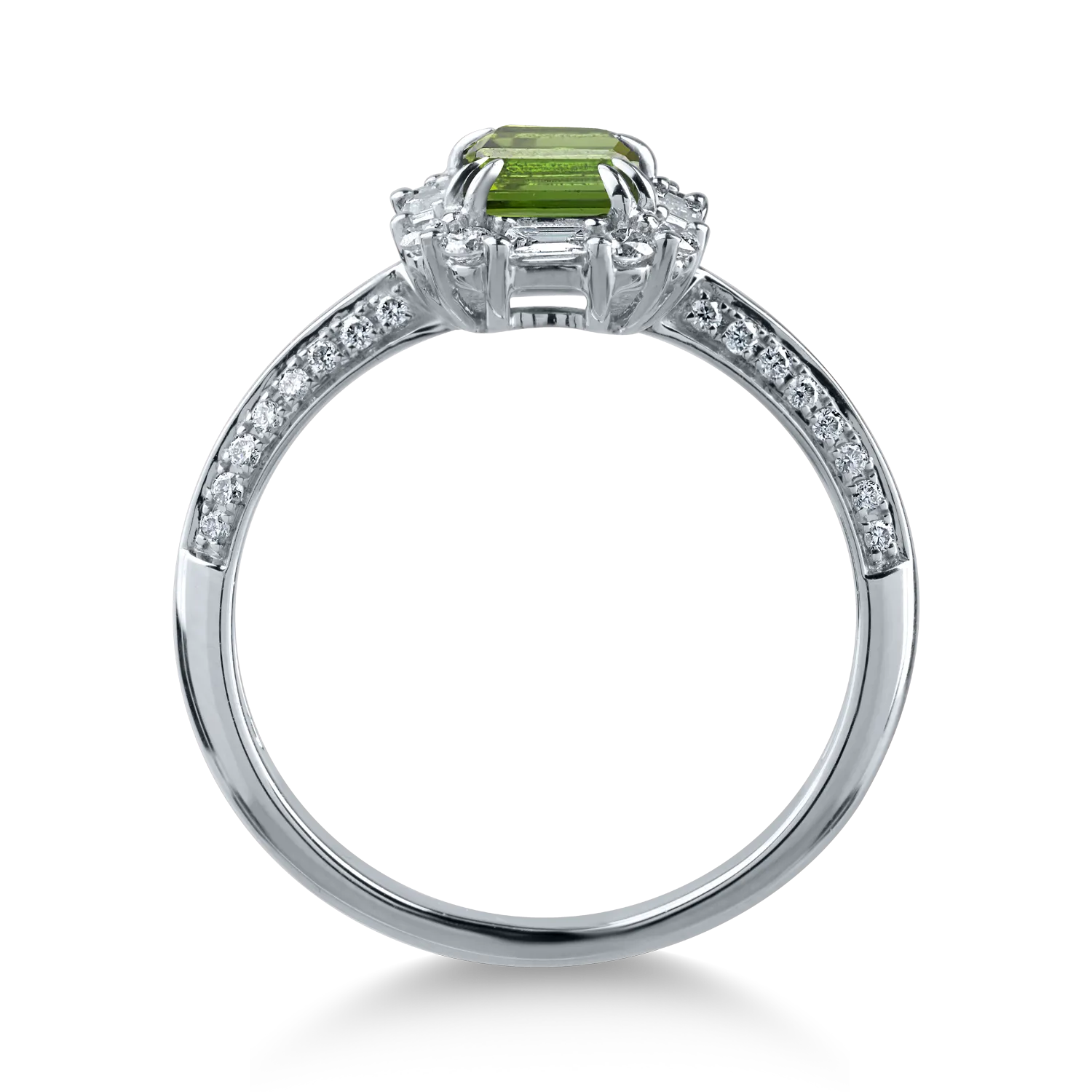 Pierścionek z białego złota z zielonym turmalinem o masie 0.9ct i brylantami o masie 0.4ct