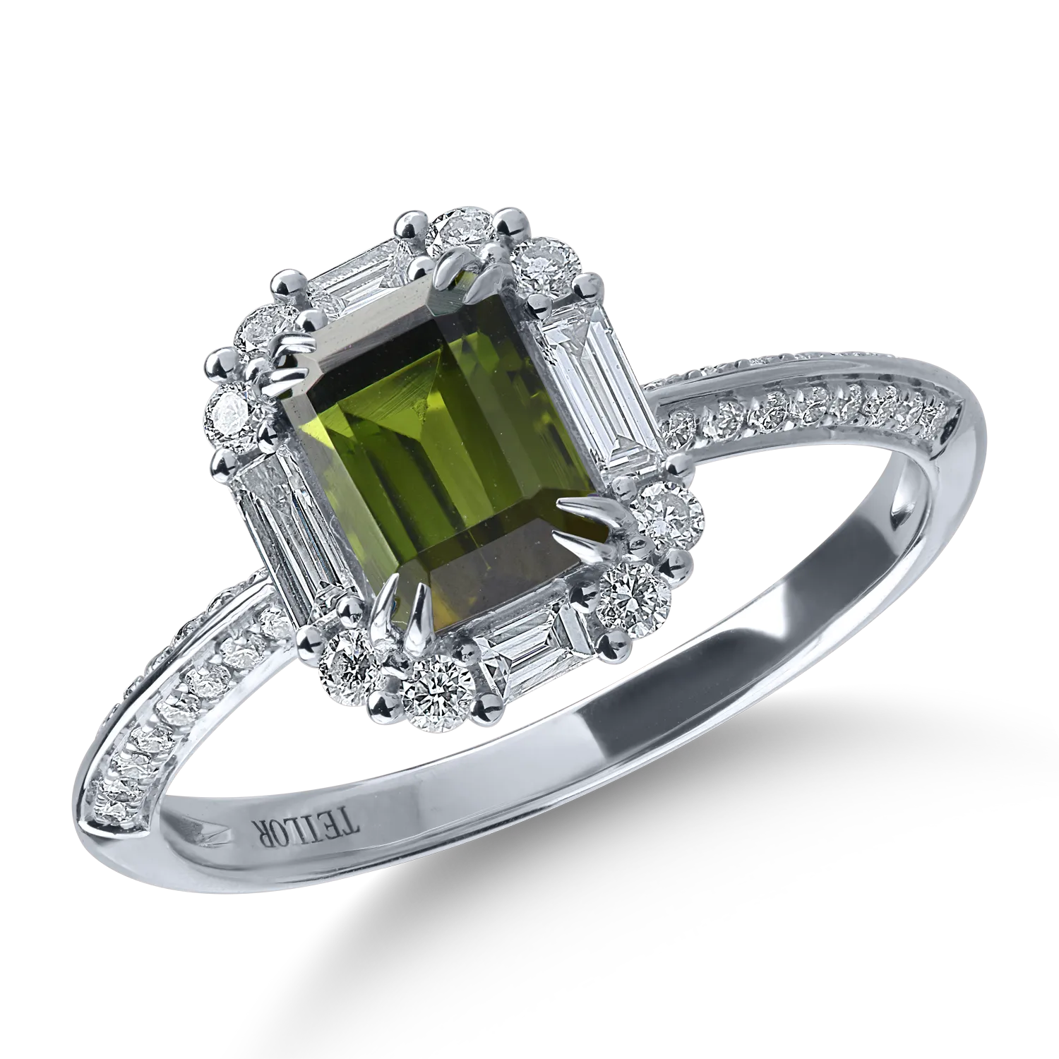Inel din aur alb cu turmalina verde de 1.2ct si diamante de 0.4ct