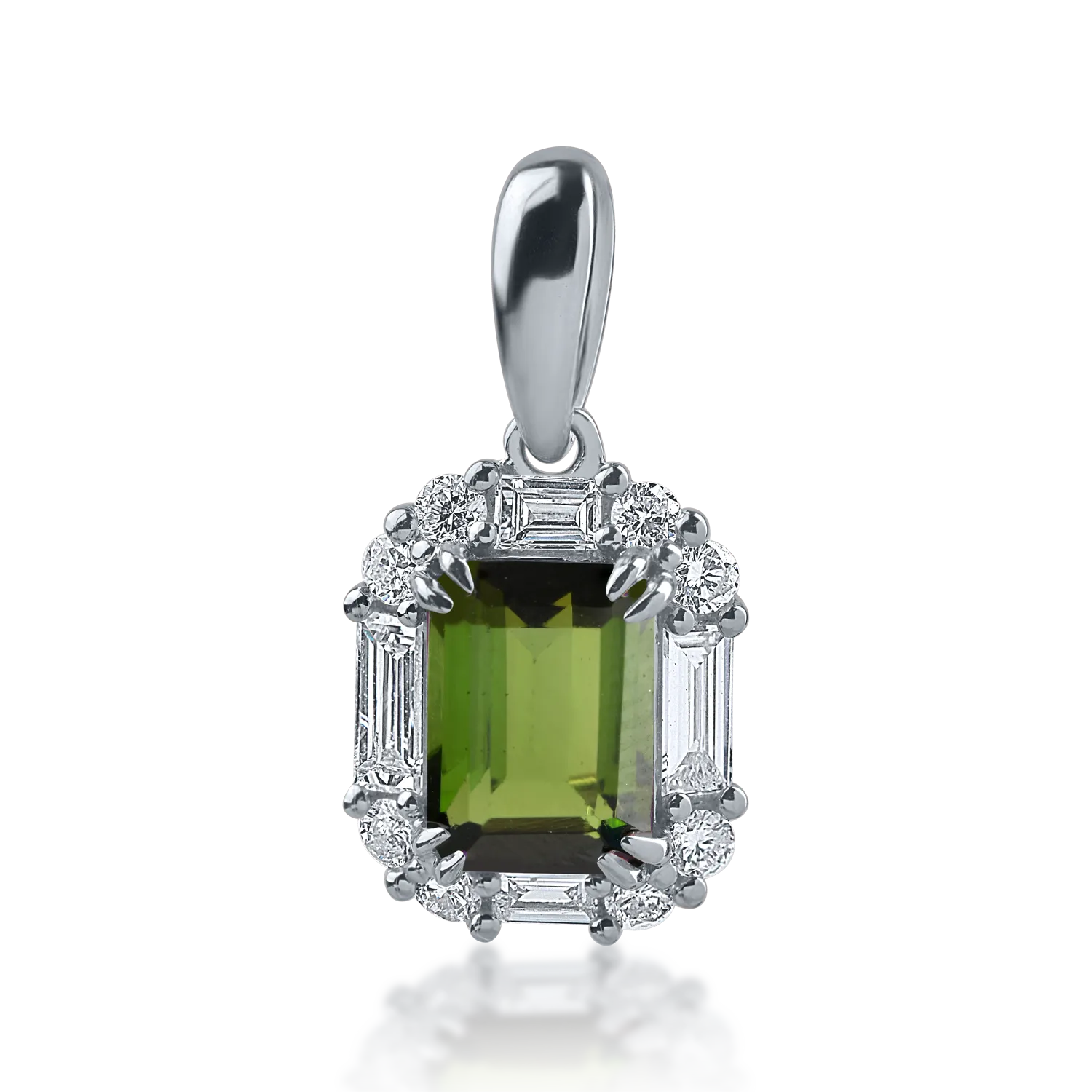Pandantiv din aur alb cu turmalina verde de 1.03ct si diamante baguette si rotunde de 0.35ct
