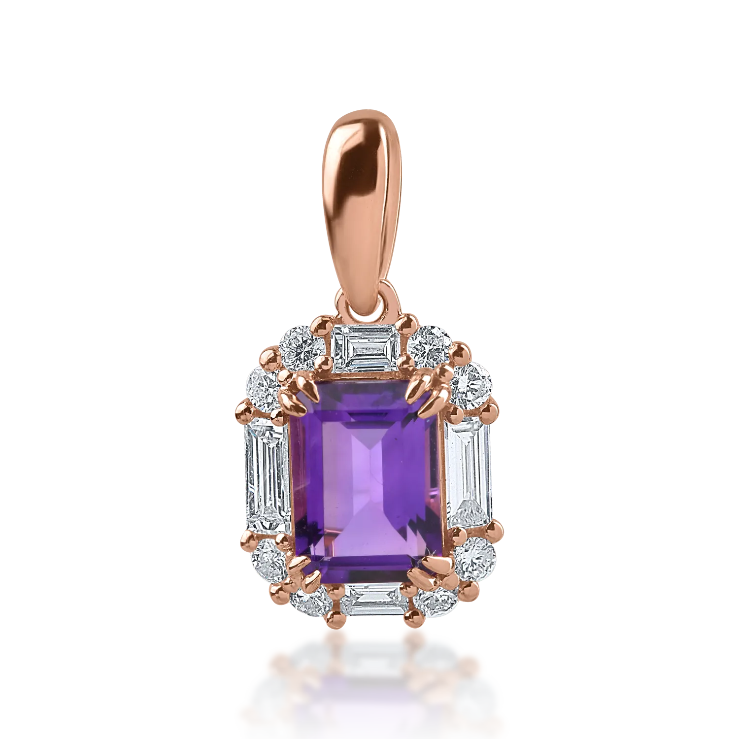 Pandantiv din aur roz cu ametist de 0.97ct si diamante baguette si rotunde de 0.34ct