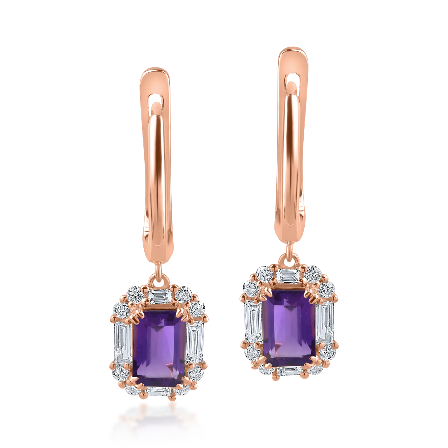 Cercei din aur roz cu ametiste de 1.09ct si diamante baguette si rotunde de 0.38ct