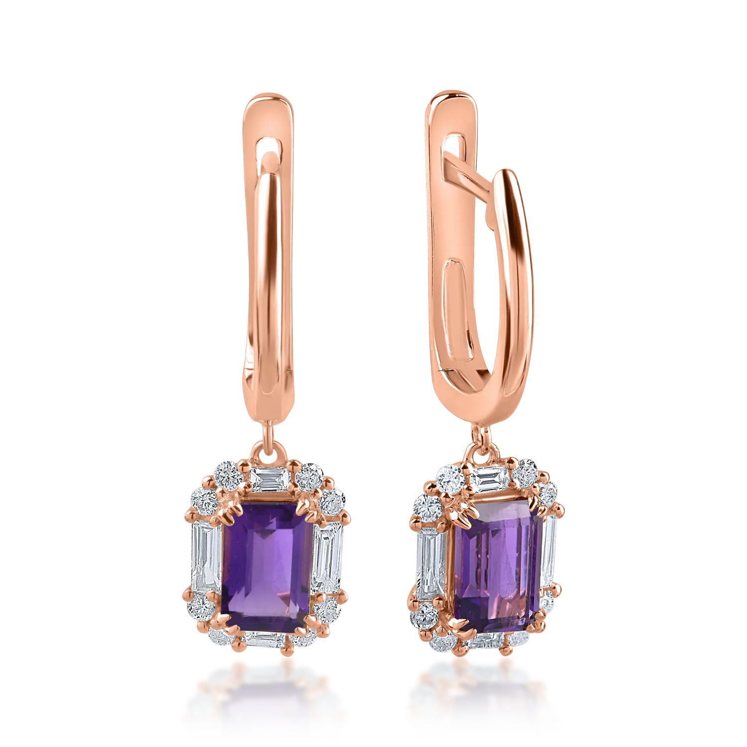 Teilor Cercei din aur roz cu ametiste de 1.09ct si diamante baguette si rotunde de 0.38ct