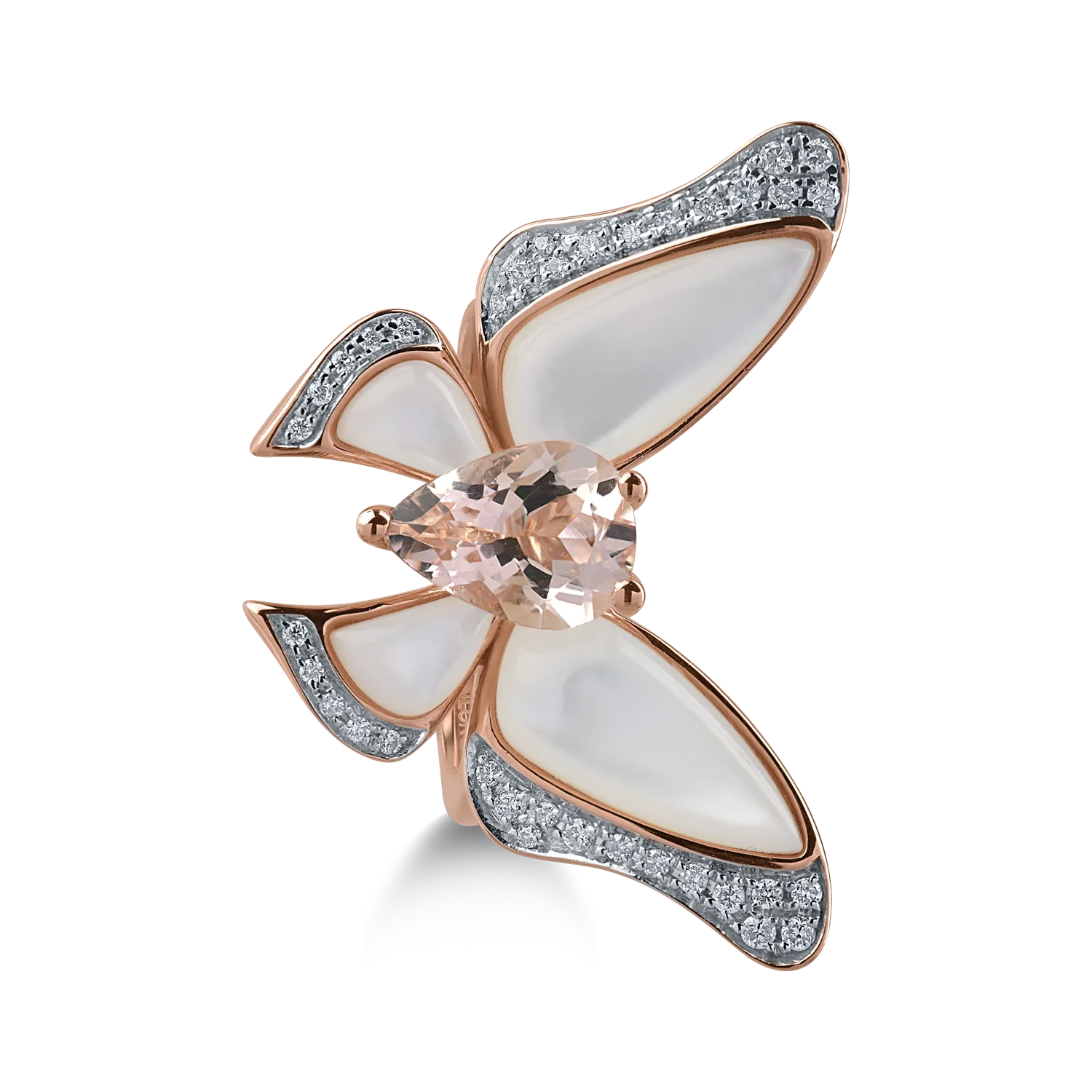 Pierścionek motyl z różowego złota z kamieniami szlachetnymi i półszlachetnymi o masie 3.9ct