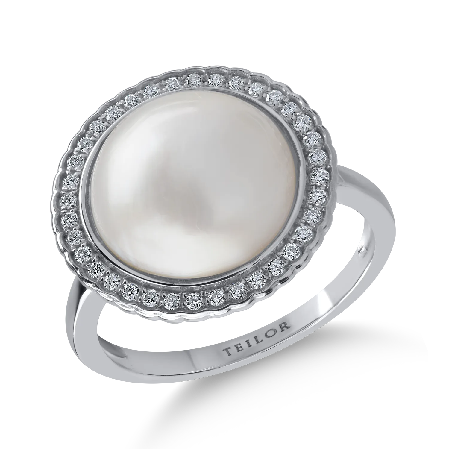 Inel din aur alb cu perla de cultura de 4.40ct si diamante de 0.168ct