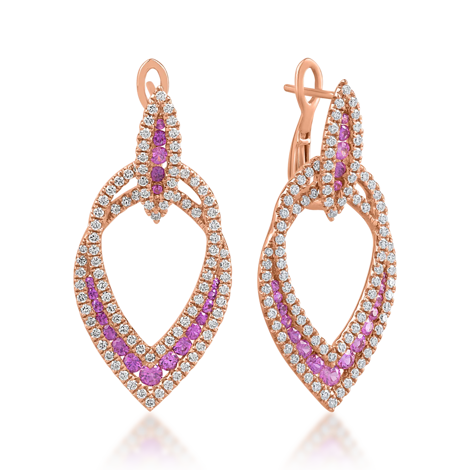 Rose gold earrings with 1.14ct diamonds and 1.09ct pink sapphires