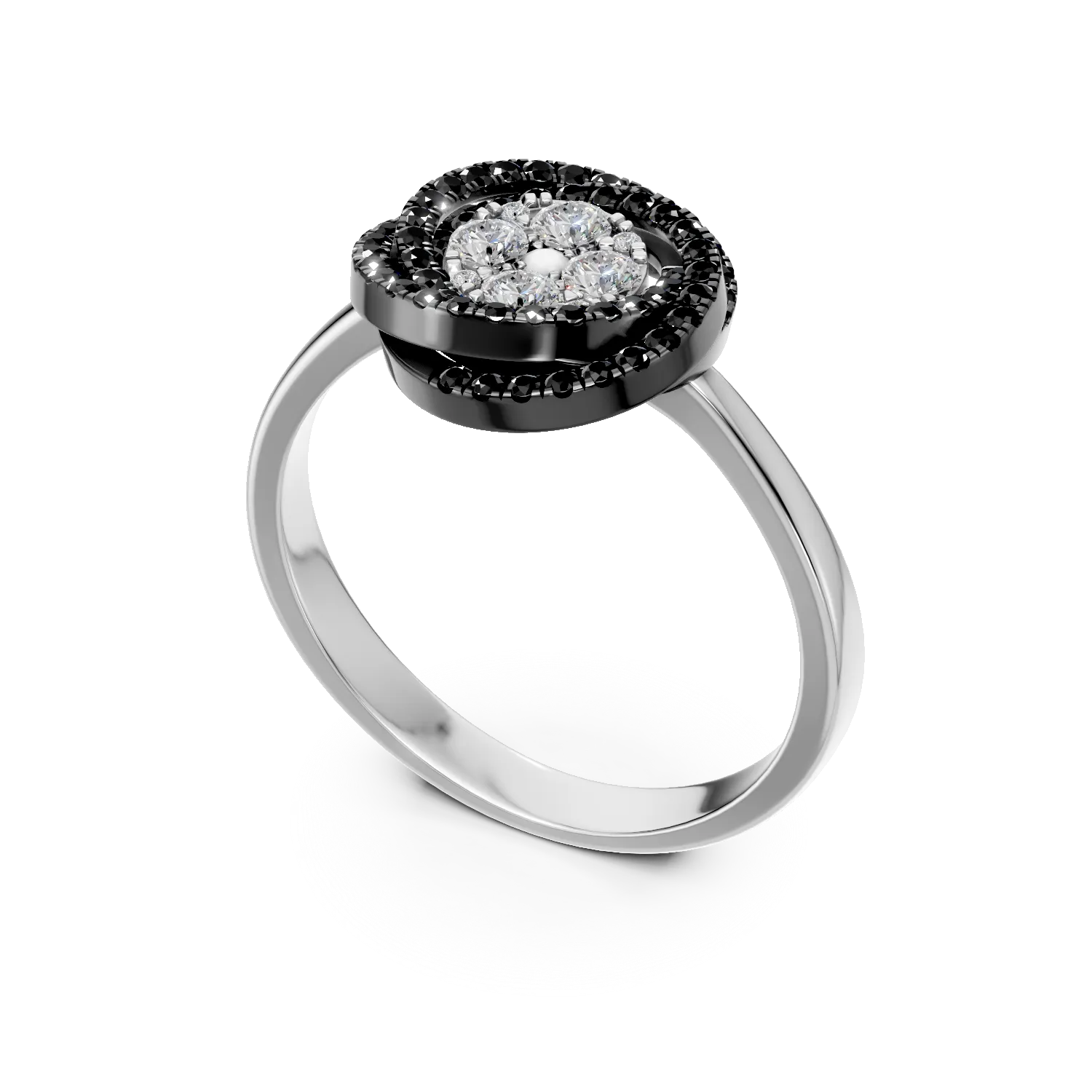 Inel geometric din aur alb cu diamante incolore si negre de 0.3ct