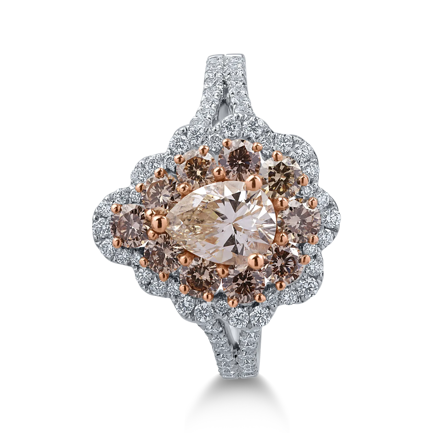 Fehér rózsa arany gyűrű 1.72ct barna gyémántokkal és 0.41ct tiszta gyémántokkal