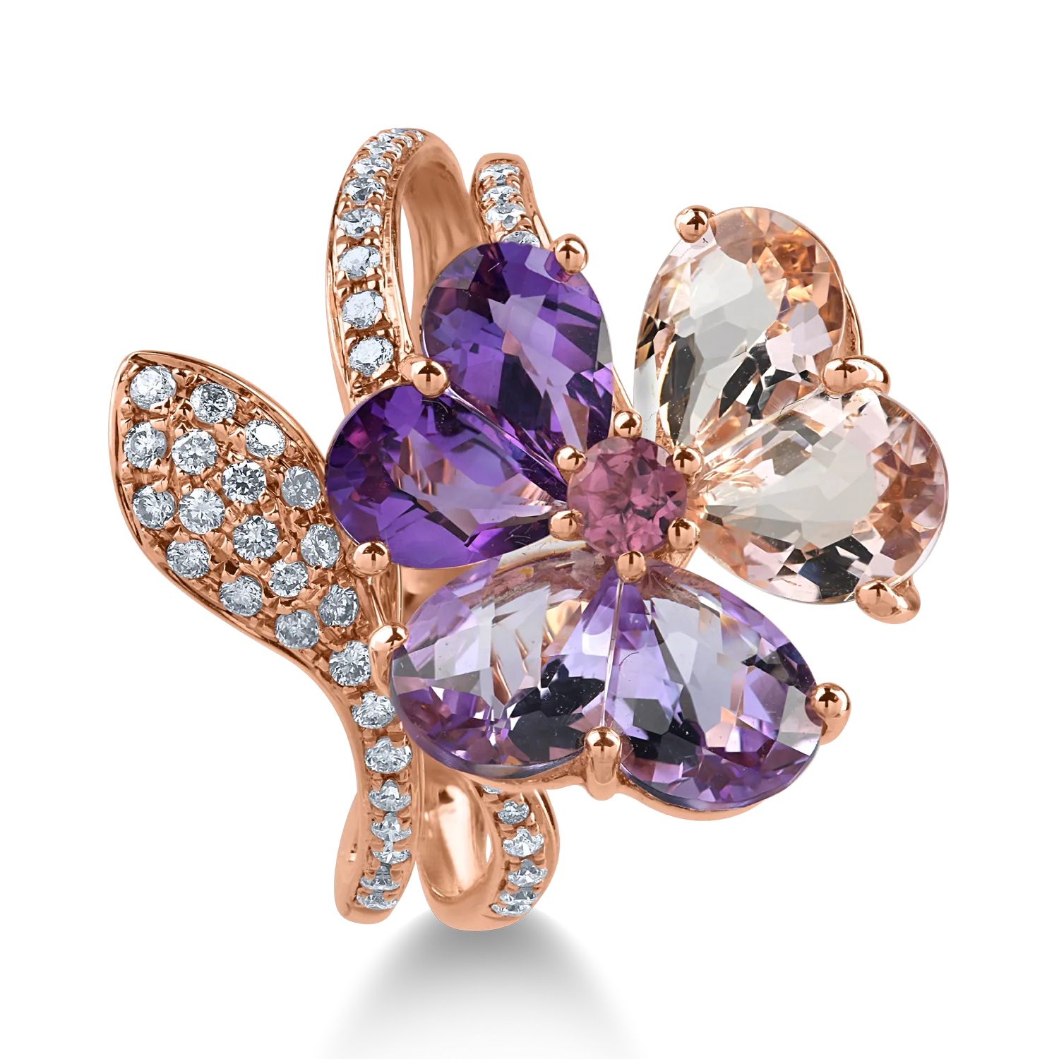 Пръстен от розово злато със скъпоценни и полускъпоценни камъни 12.11ct