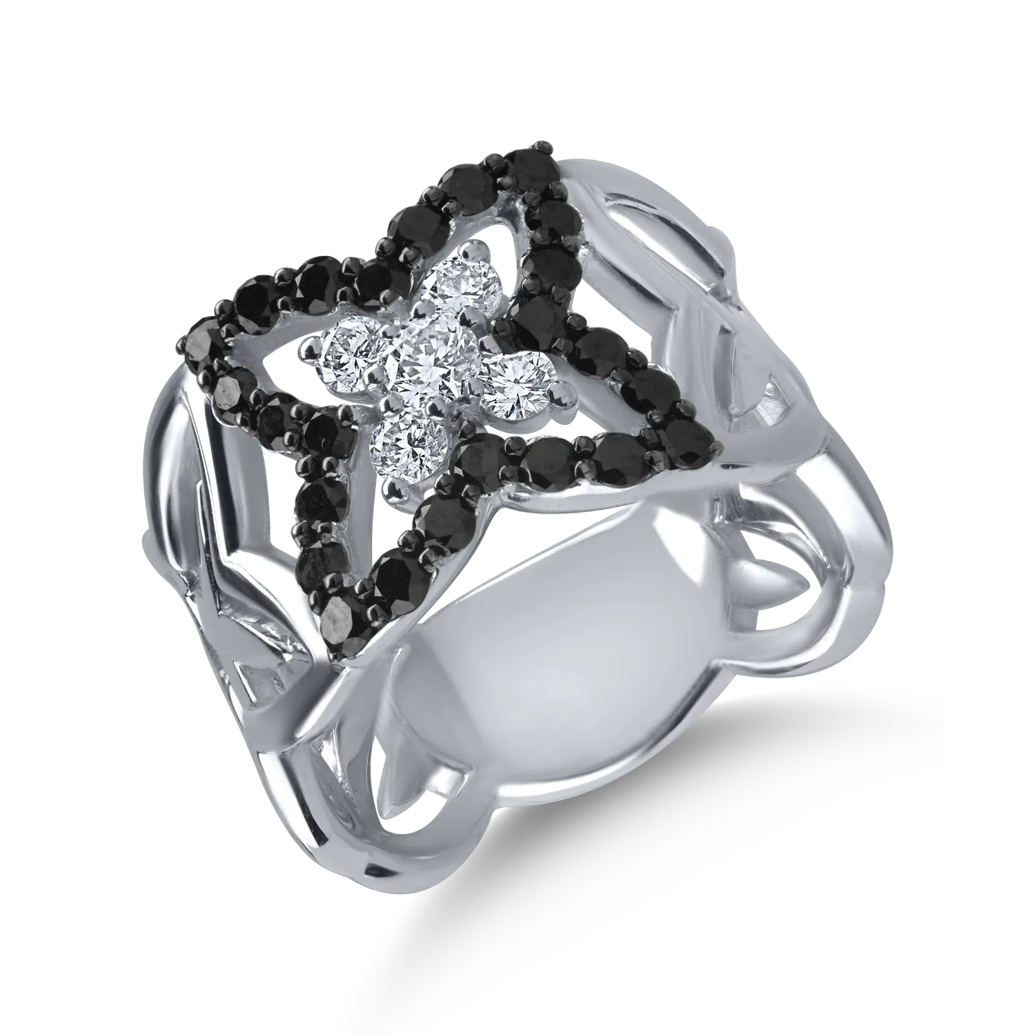 Пръстен от бяло злато с 0.33кт прозрачни диаманти и 0.78кт черни диаманти