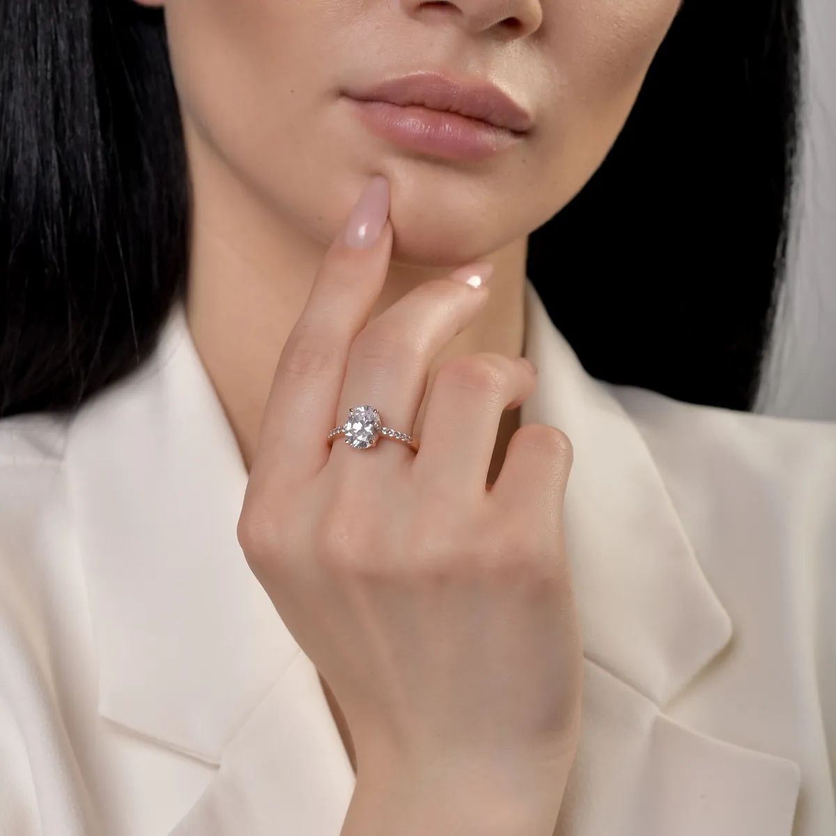 Inel single stone pave din aur roz cu zirconii