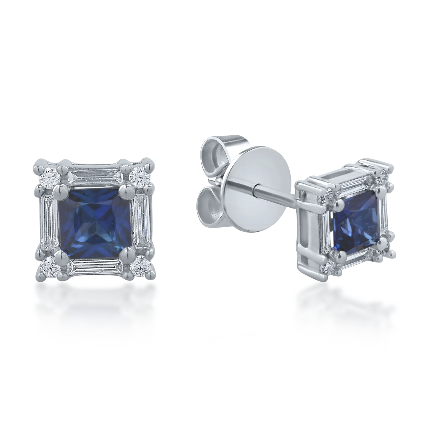 Cercei din aur alb cu safire princess de 0.6ct si diamante de 0.19ct