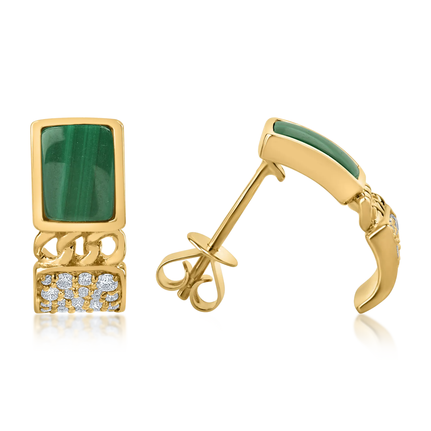 Yellow gold earrings with 1.624ct malachites and 0.196ct diamonds