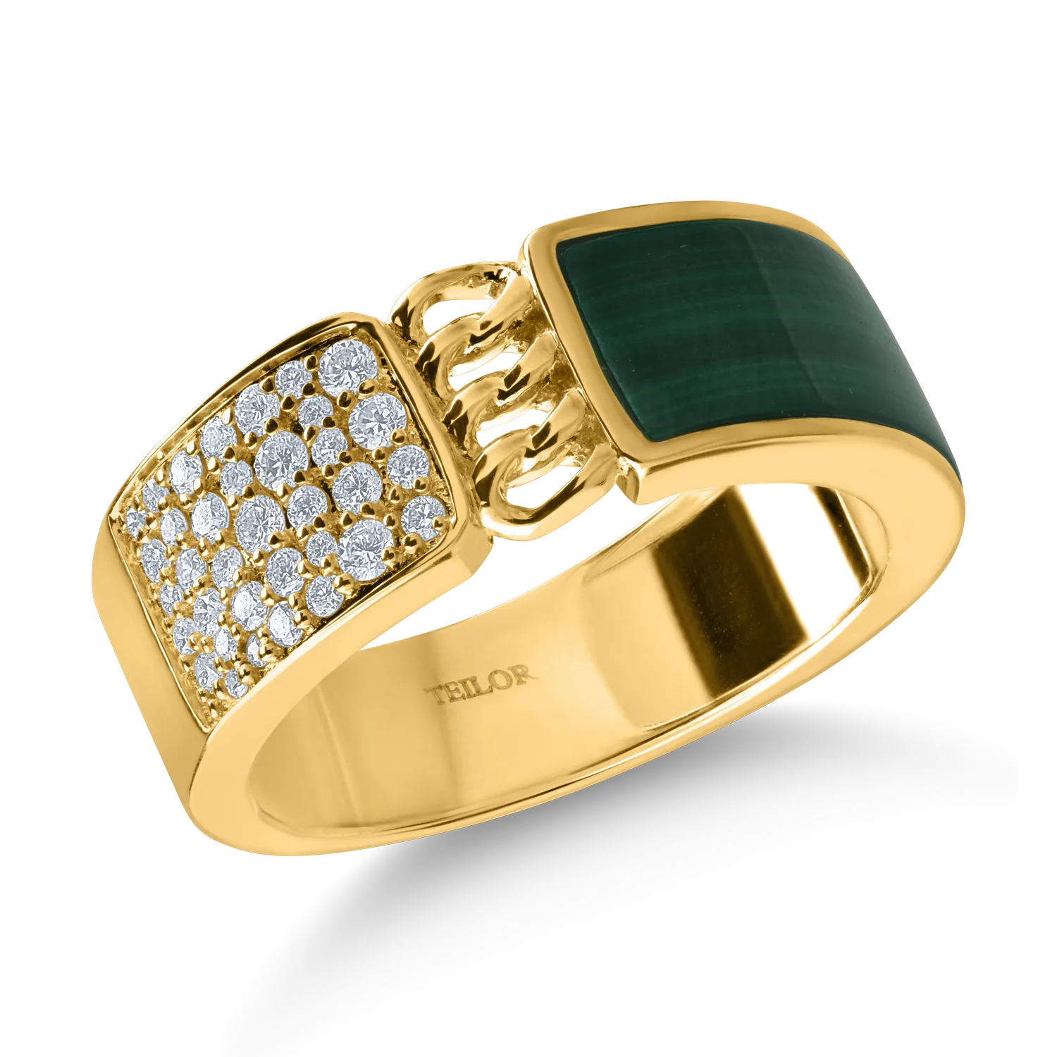 Sárga arany gyűrű 2.956ct malachittal és 0.249ct gyémánttal