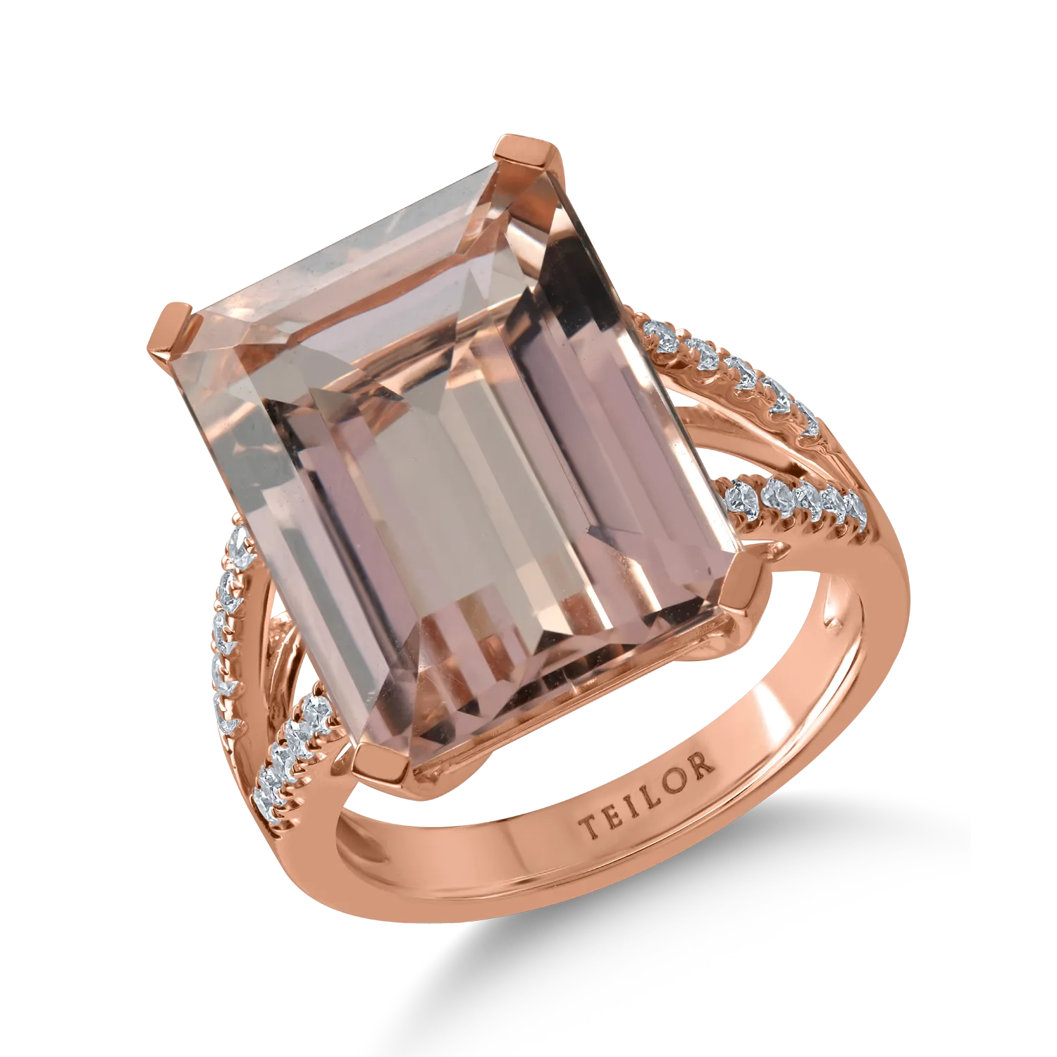 Inel din aur roz cu morganit octogonal de 11.3ct si diamante de 0.2ct