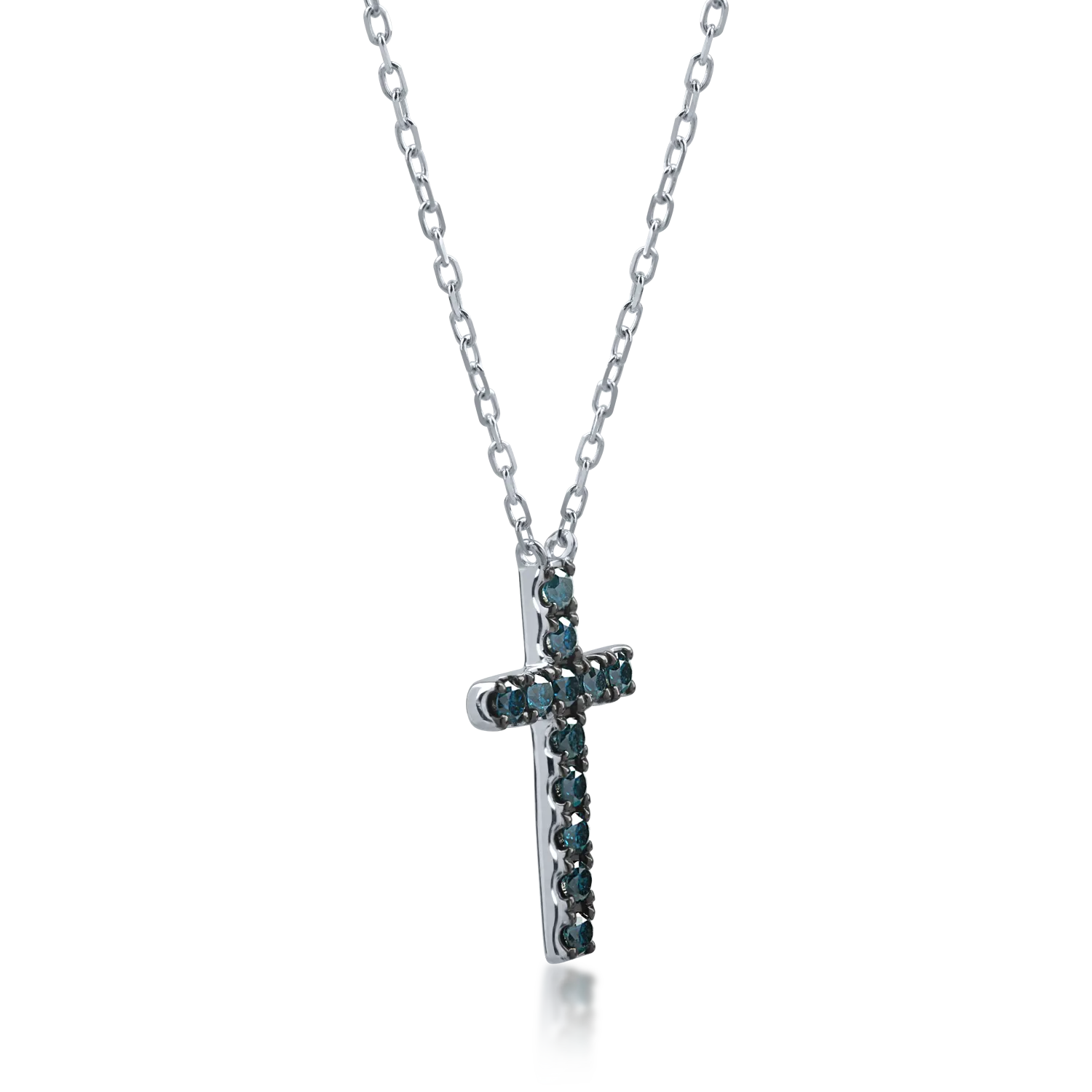 Lant cu pandantiv cruce din aur alb cu diamante albastre de 0.41ct