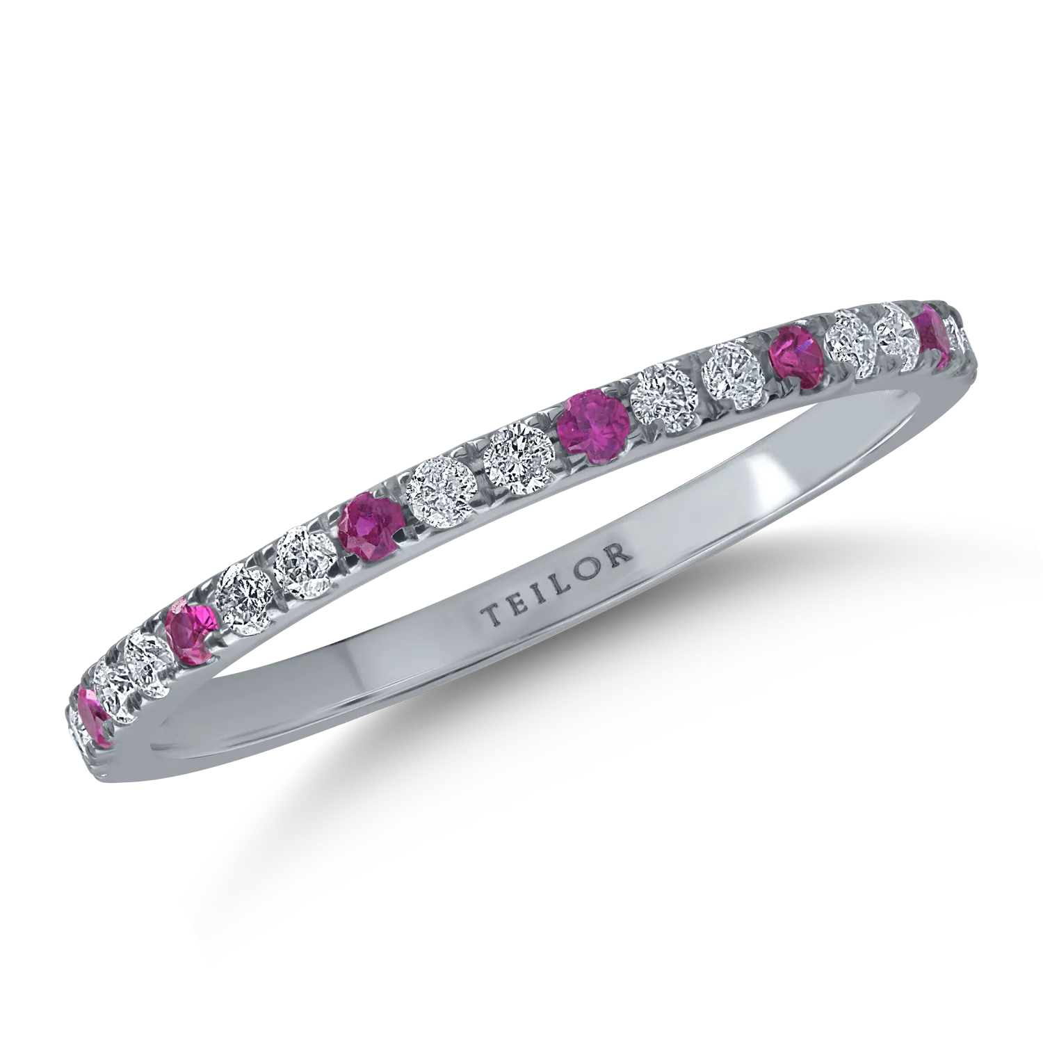 Inel semi eternity din aur alb cu rubine de 0.1ct si diamante de 0.16ct