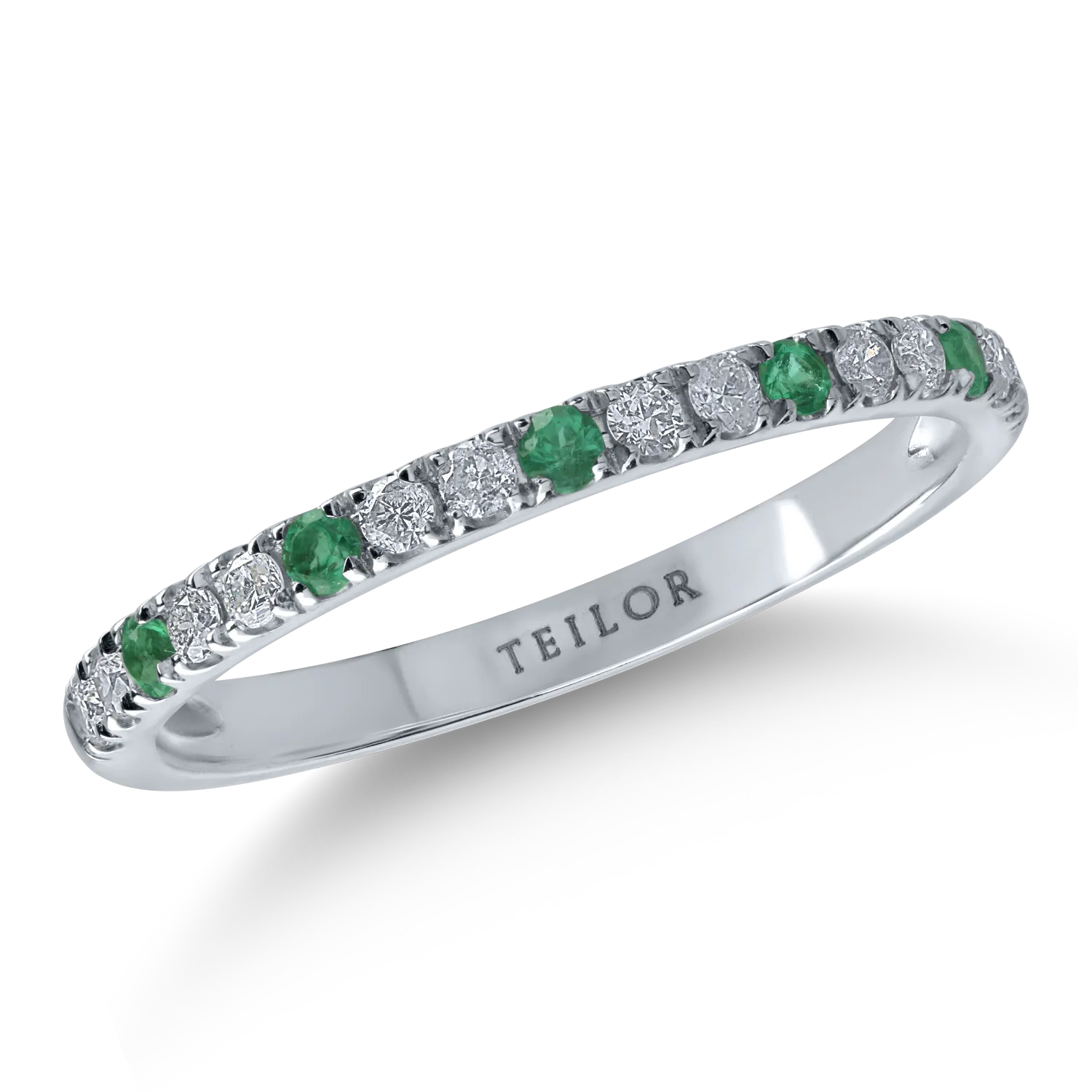 Half eternity ring in white gold with 0.15ct diamonds and 0.06ct emeralds